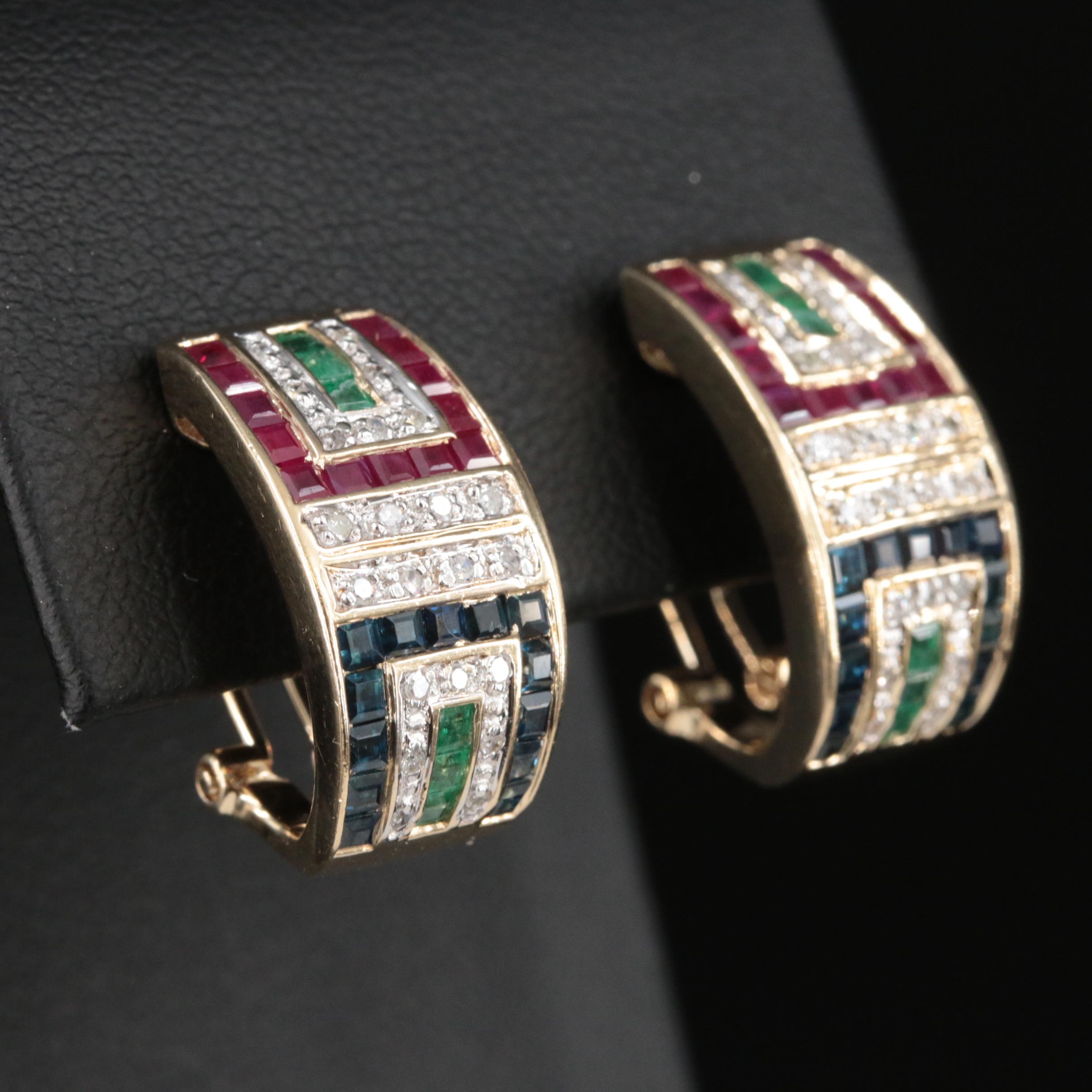 14K Diamond, Sapphire, Ruby and Emerald J Hoop Earrings