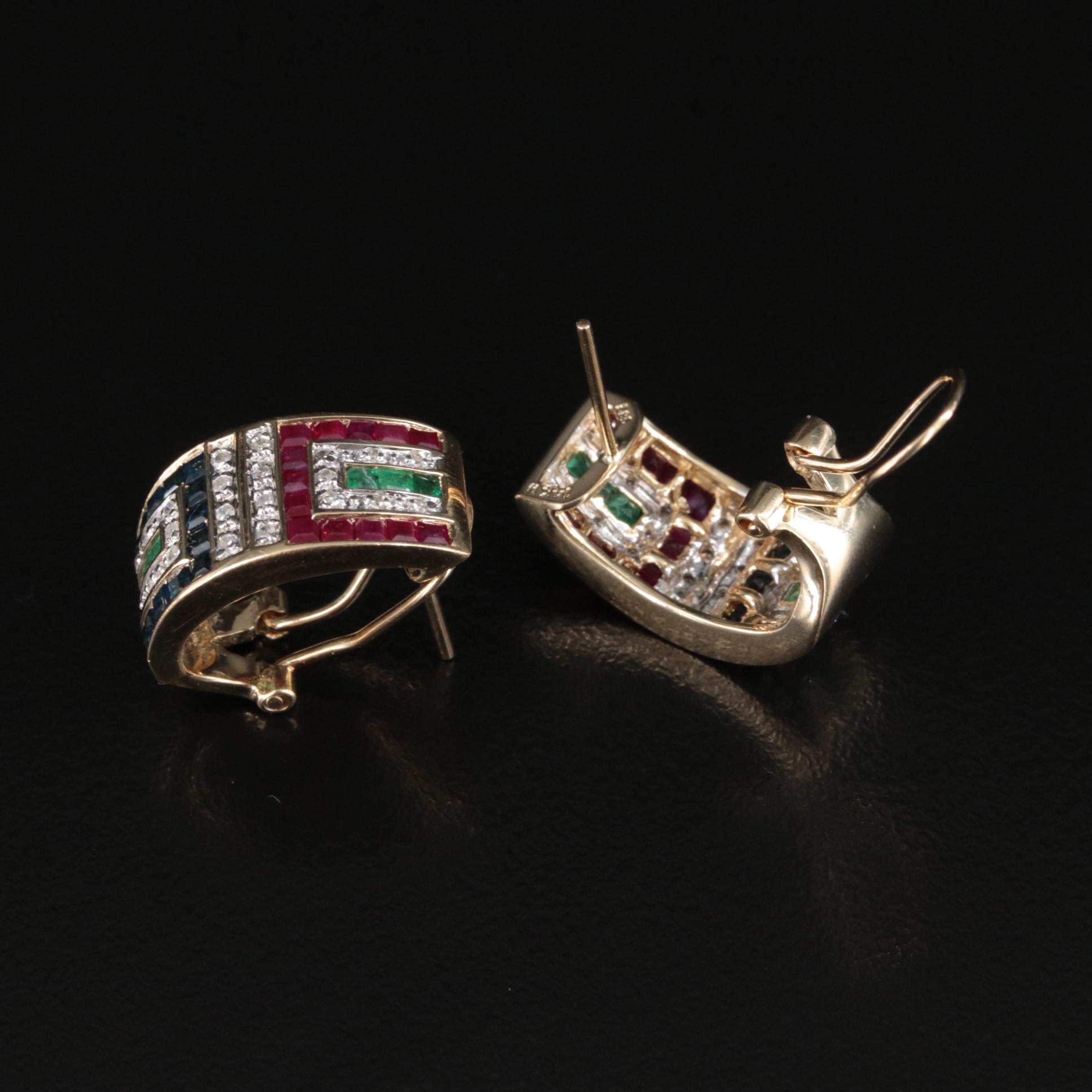 14K Diamond, Sapphire, Ruby and Emerald J Hoop Earrings
