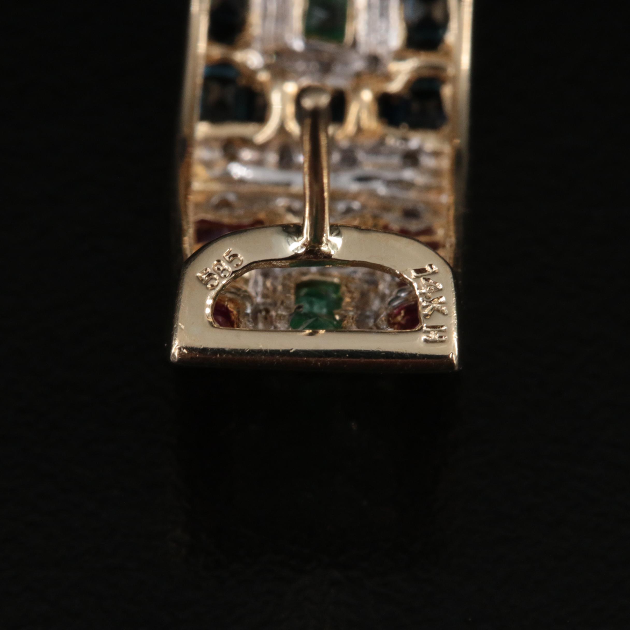 14K Diamond, Sapphire, Ruby and Emerald J Hoop Earrings