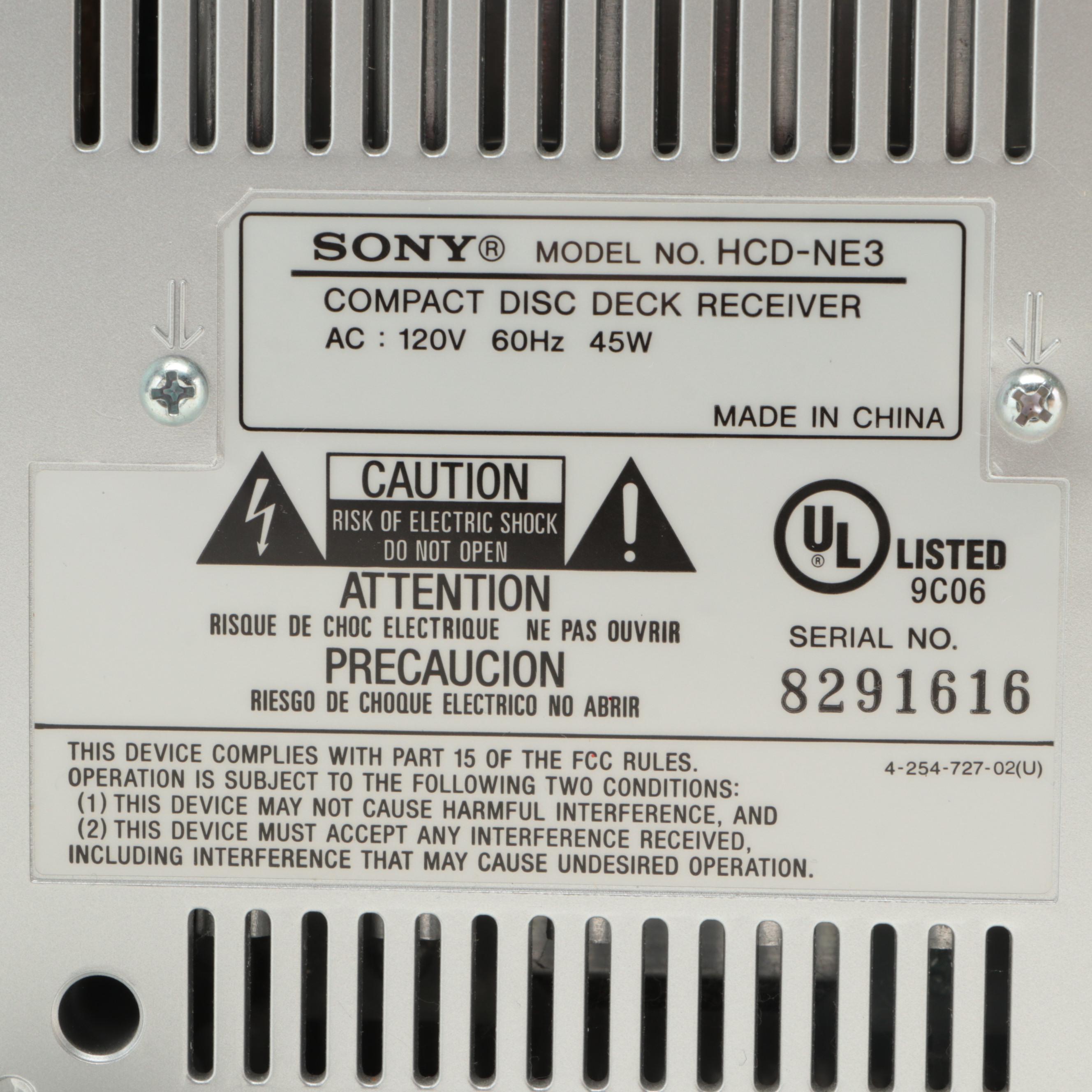 Sony Model HCD-NE3 Micro Hi-Fi Component System and Speakers