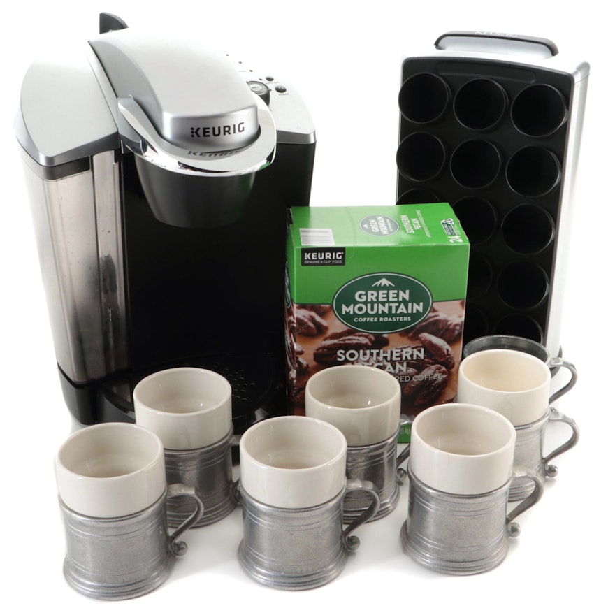 Keurig K145 OfficePro Coffee Machine, K-Cup Carousel, and Wilton Armetale Mugs