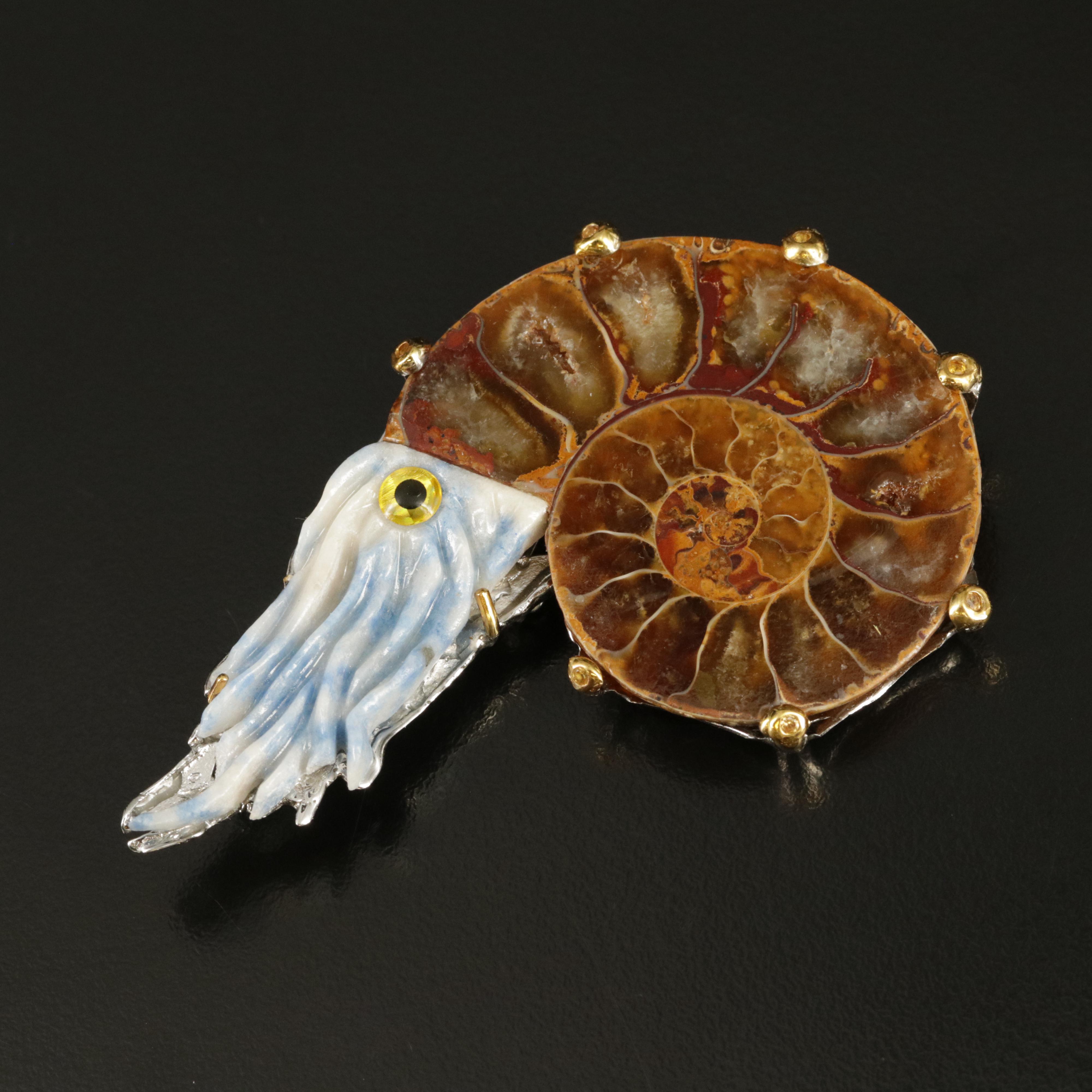 Sterling Ammonite, Lapis Lazuli and Enamel Nautilus Brooch