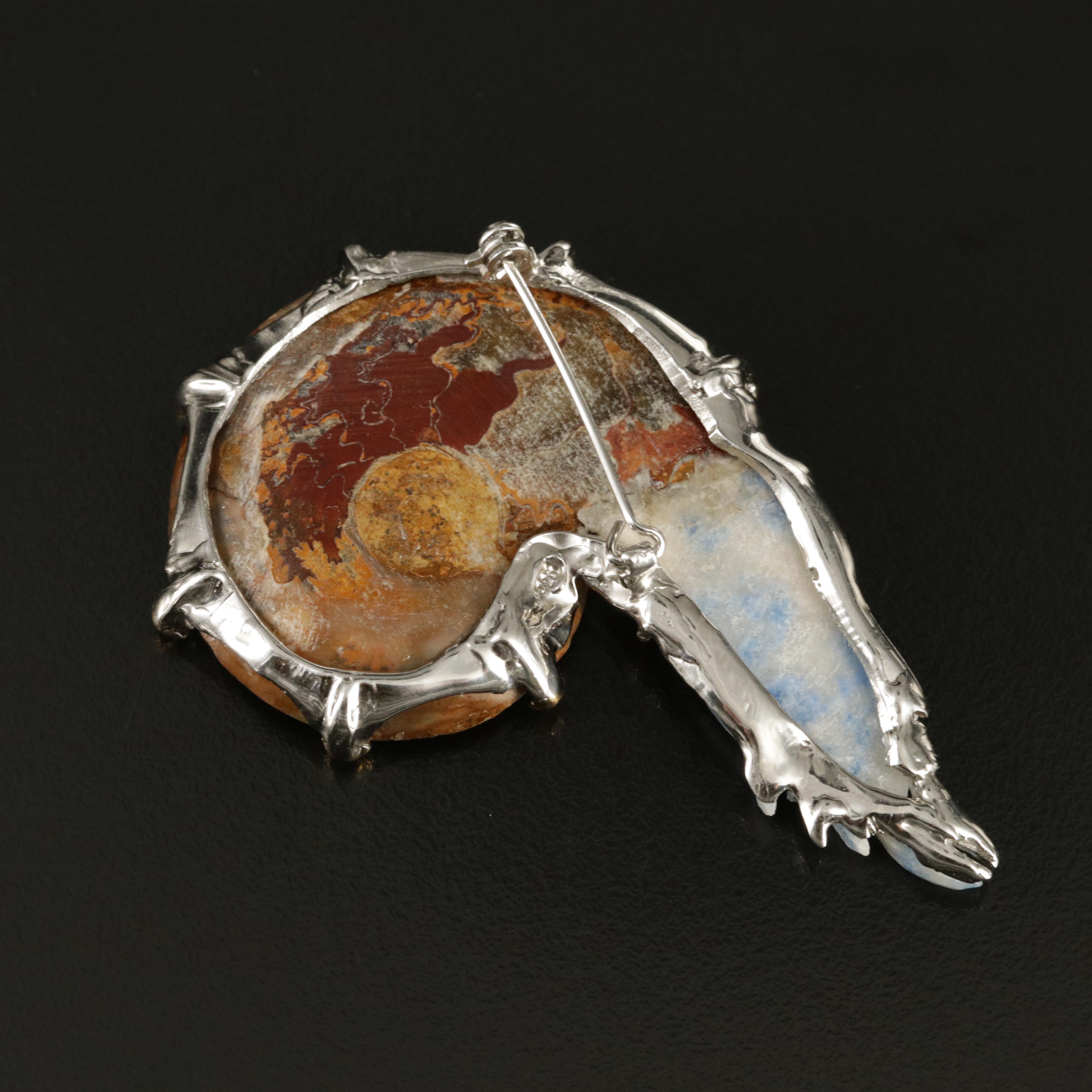 Sterling Ammonite, Lapis Lazuli and Enamel Nautilus Brooch