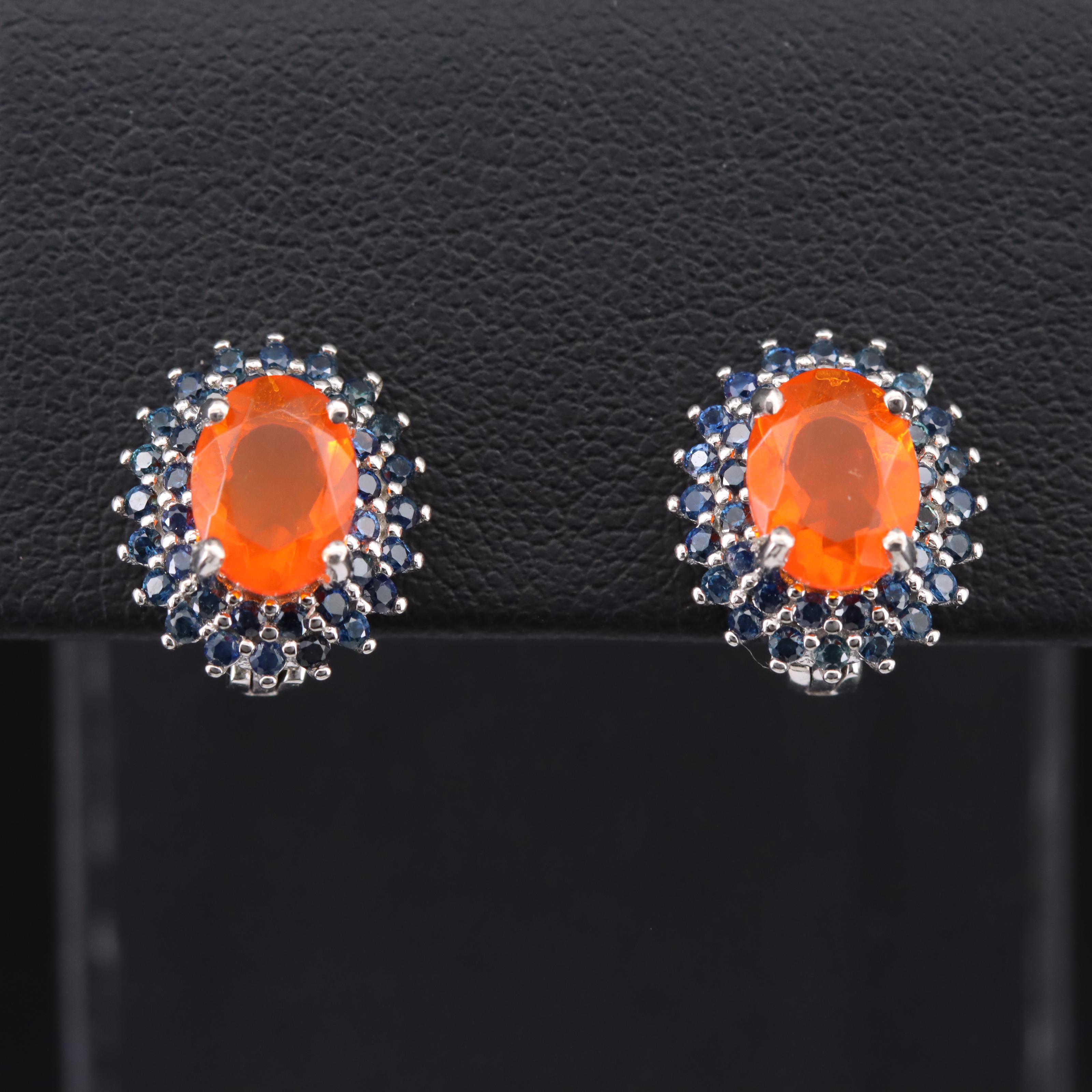 Sterling Fire Opal and Sapphire J-Hoop Earrings