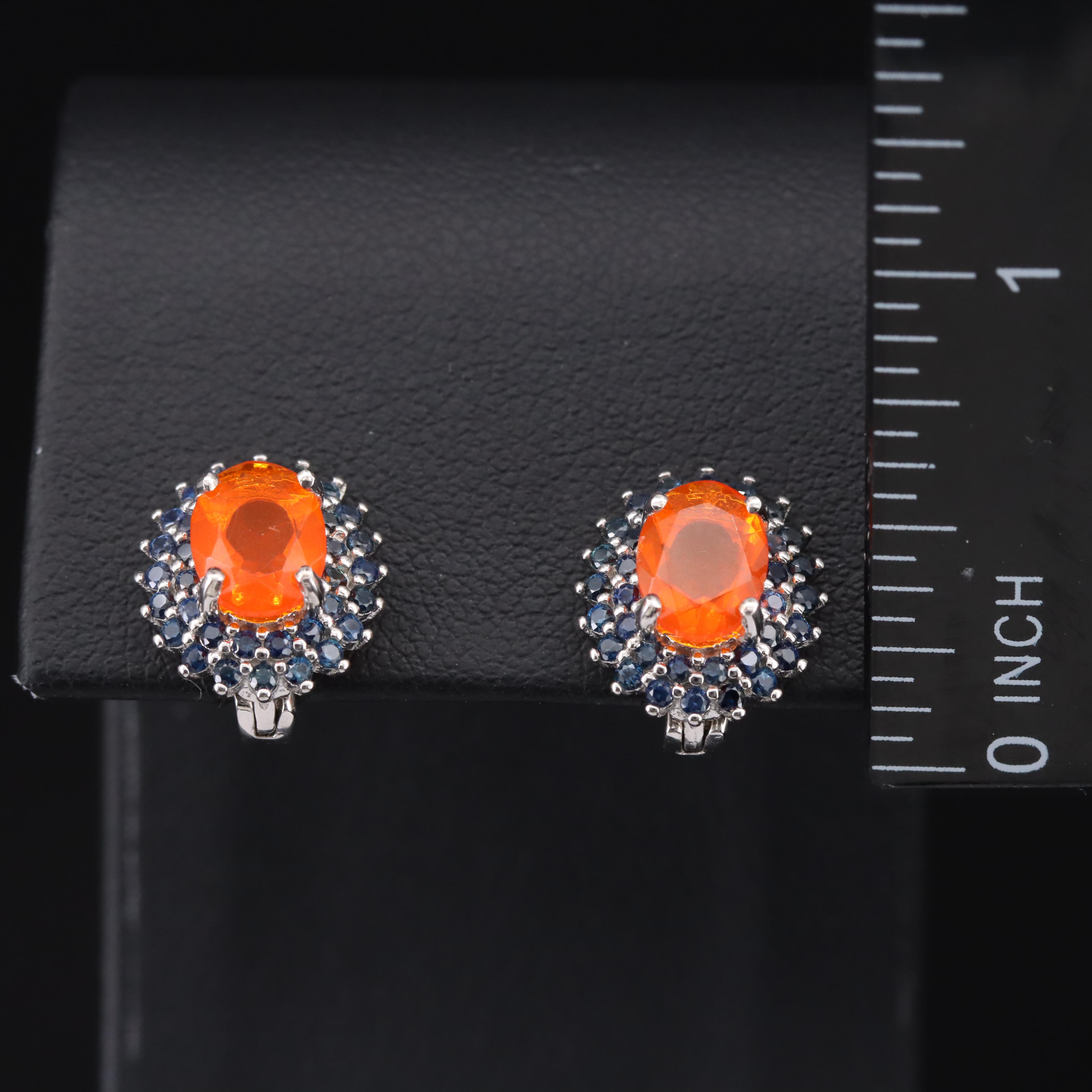 Sterling Fire Opal and Sapphire J-Hoop Earrings