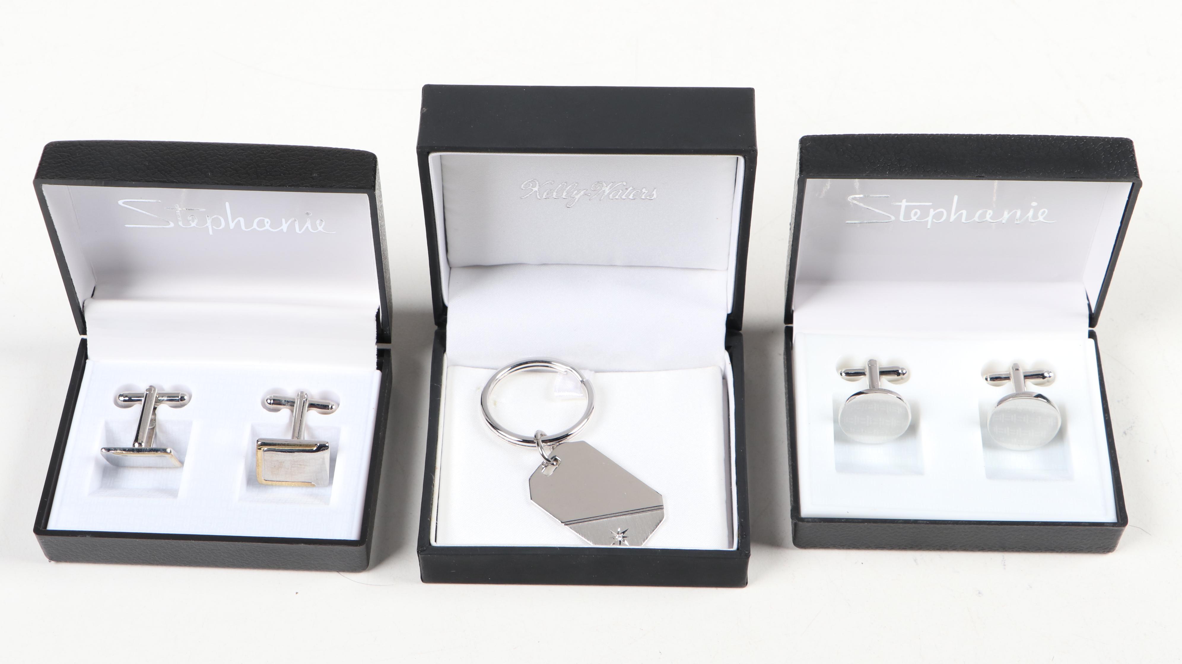 Brushed Stainless Steel Hip Flask Set with Cufflinks, Cigar Boxes, and More