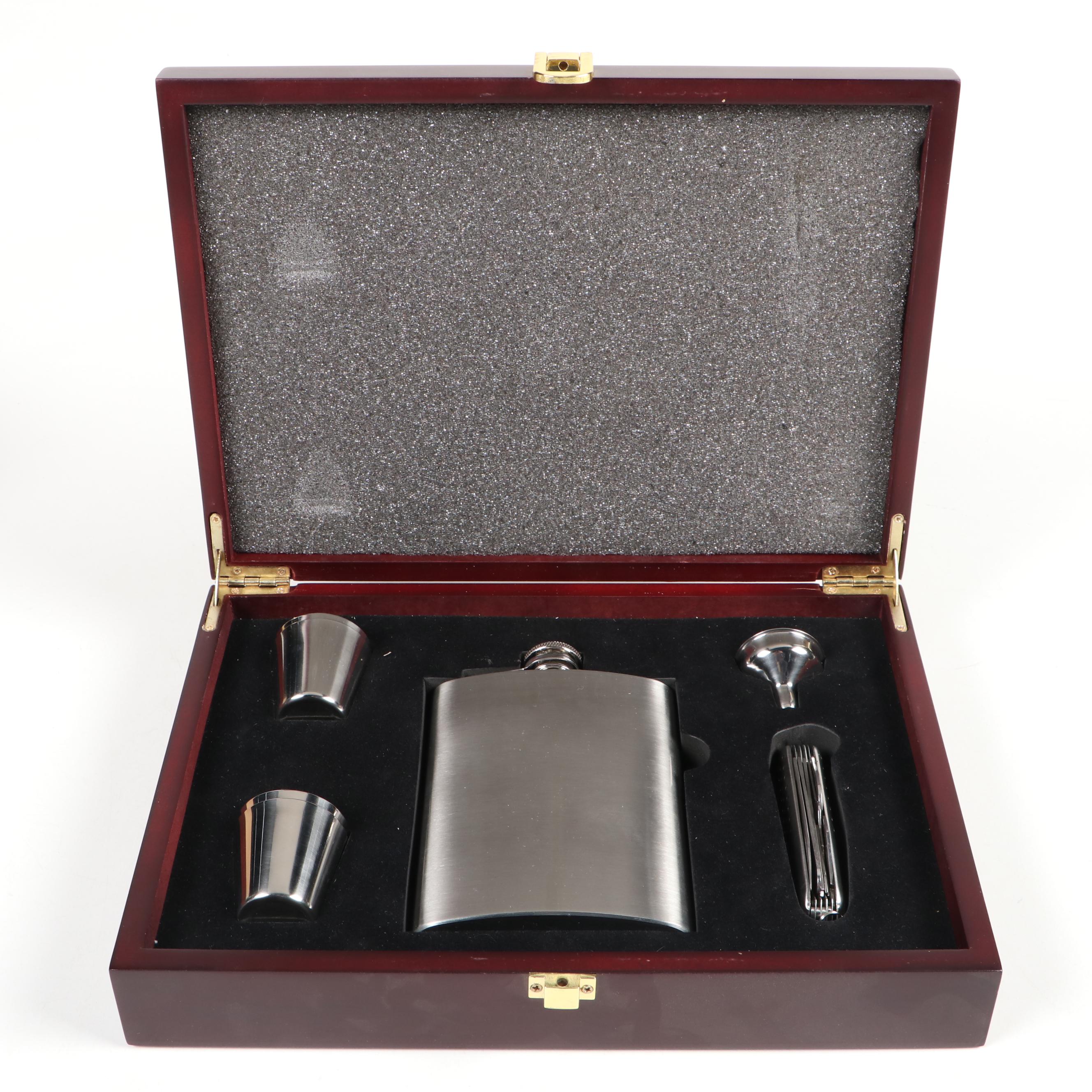 Brushed Stainless Steel Hip Flask Set with Cufflinks, Cigar Boxes, and More