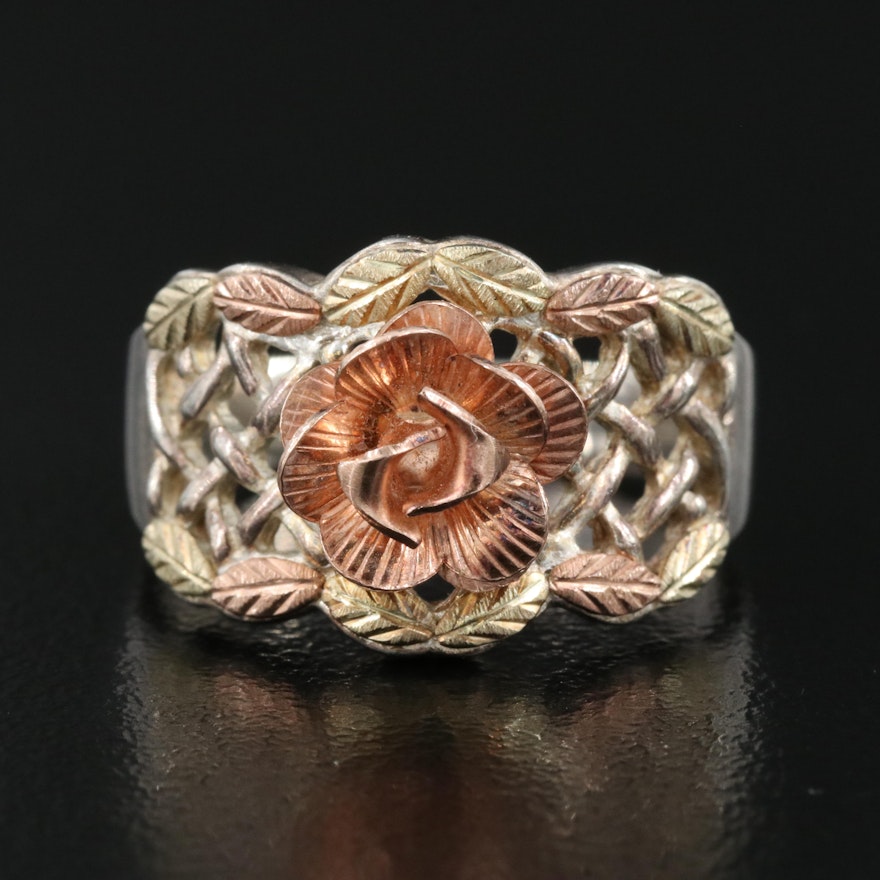 Black Hills Gold Sterling Floral Ring with 12K Green and Rose Gold Leaf Accents