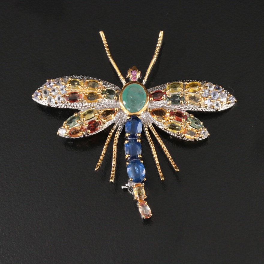 Sterling Emerald, Kyanite and Yellow Sapphire Dragonfly Brooch