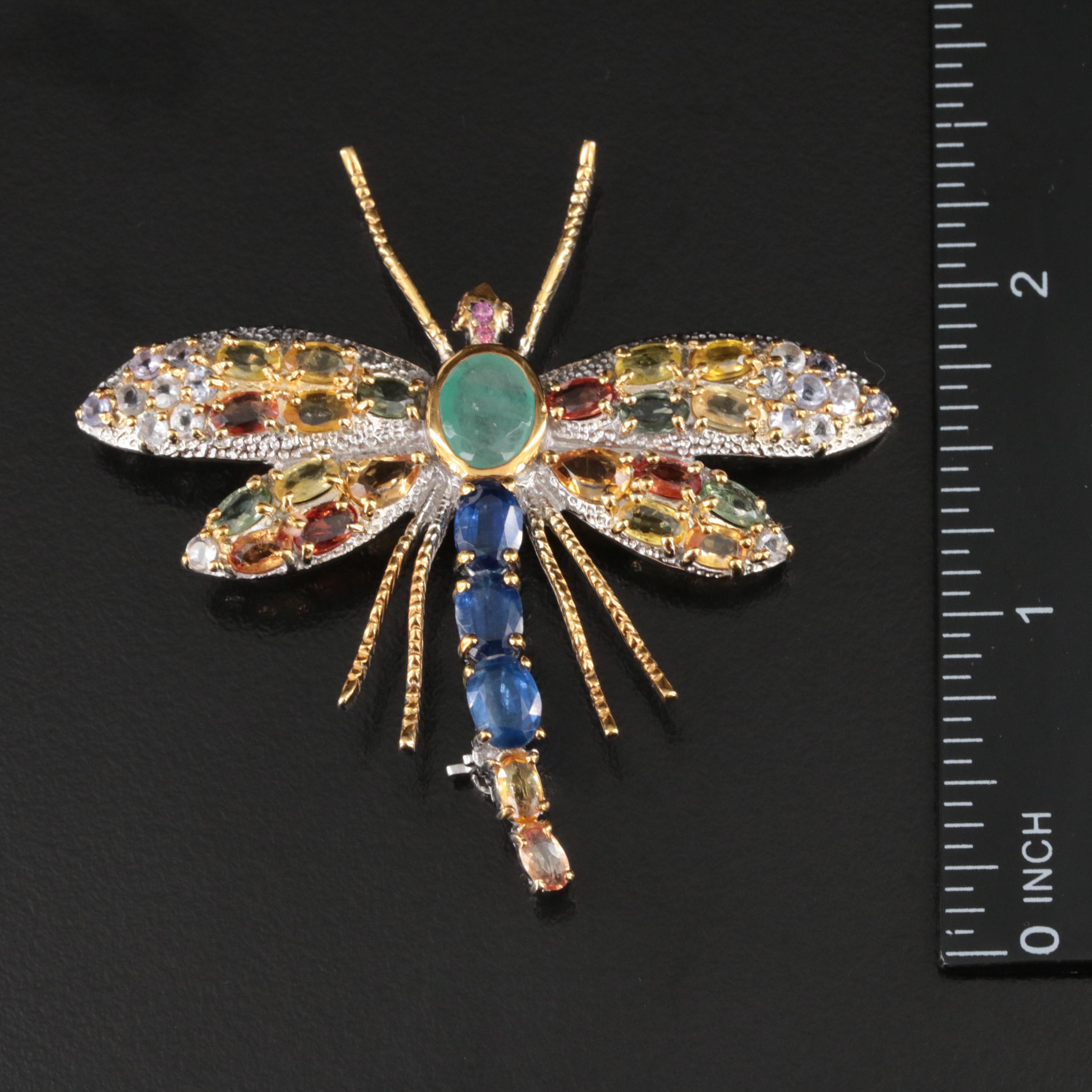 Sterling Emerald, Kyanite and Yellow Sapphire Dragonfly Brooch