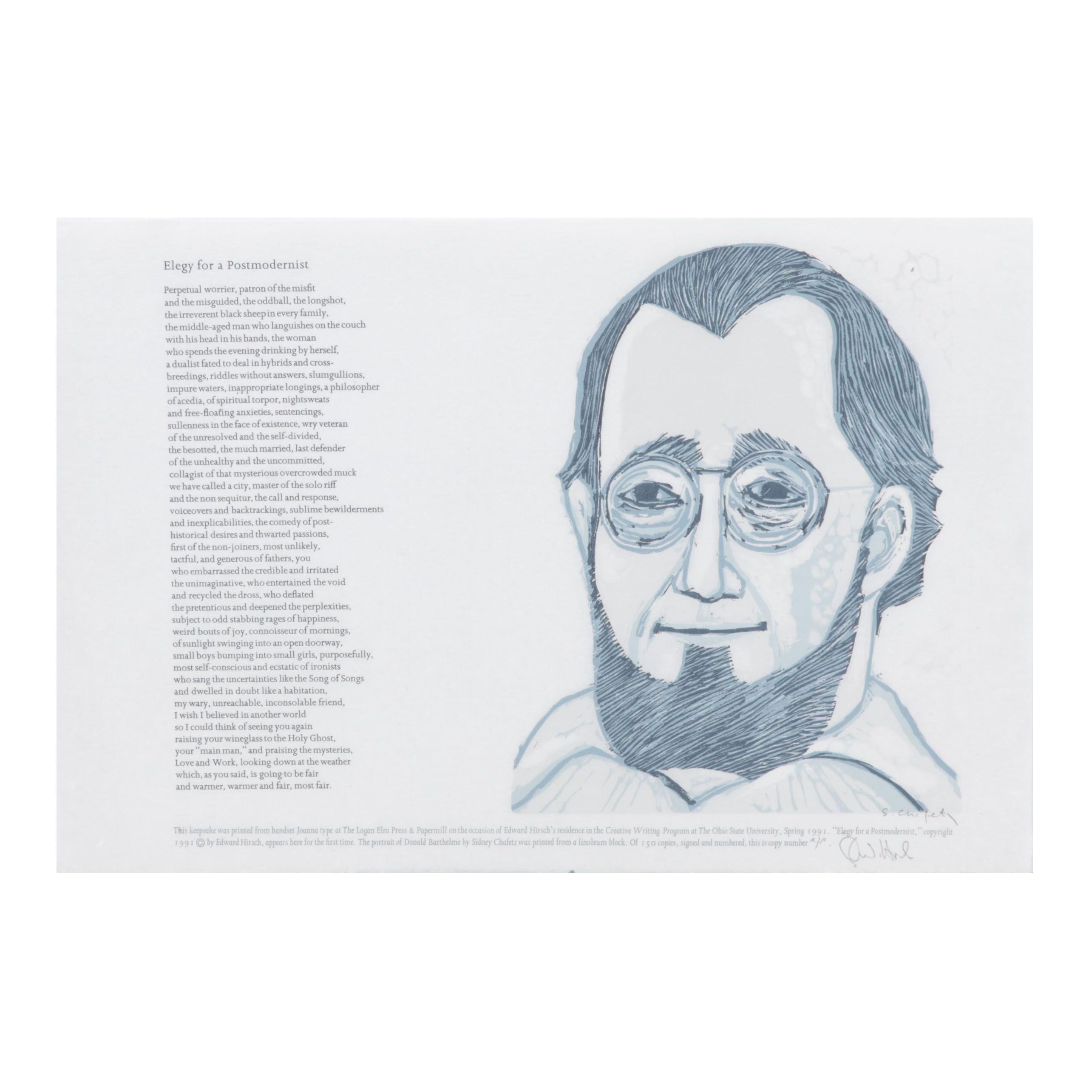 Sidney Chafetz Linocut "Elegy for a Postmodernist," 1991