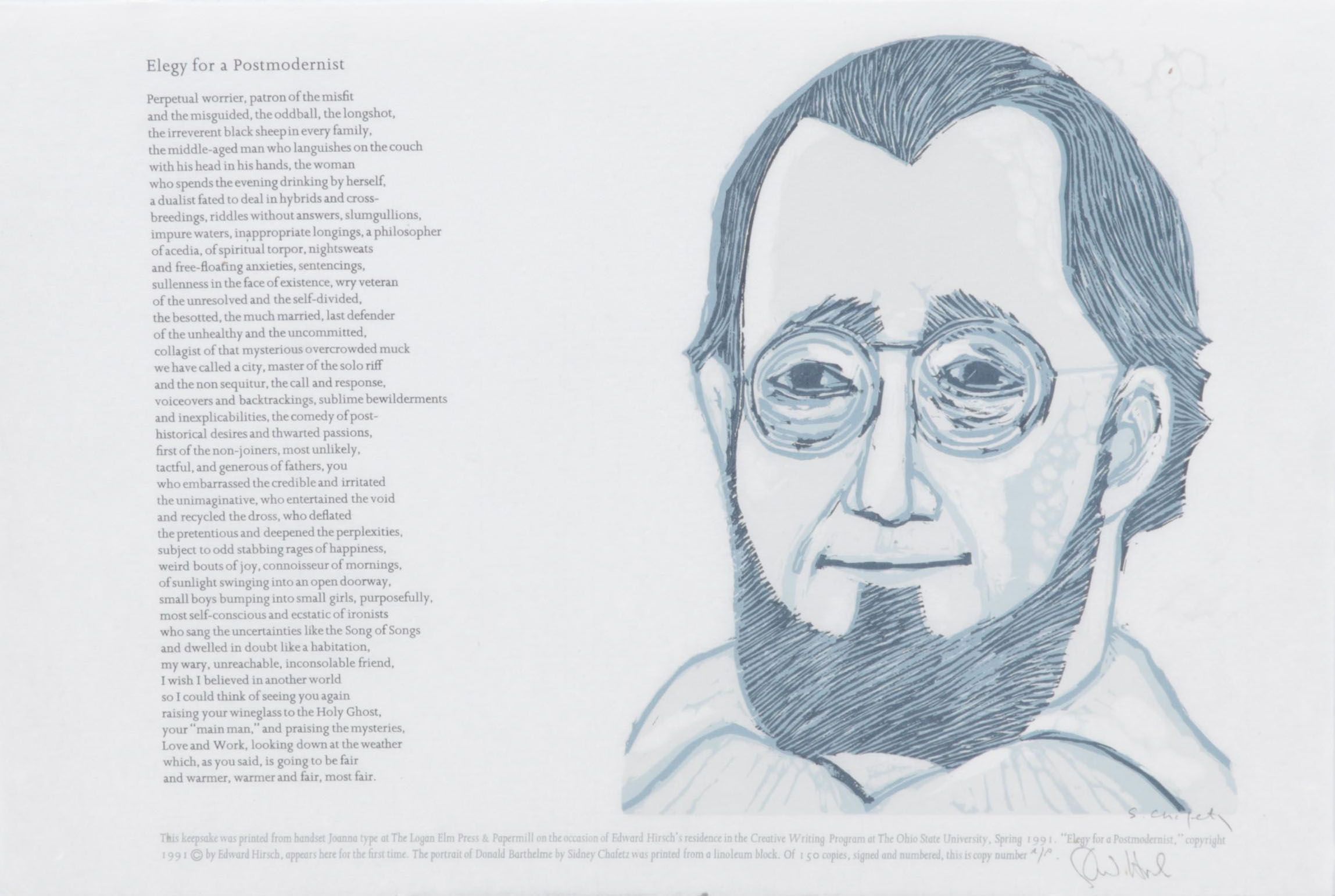 Sidney Chafetz Linocut "Elegy for a Postmodernist," 1991