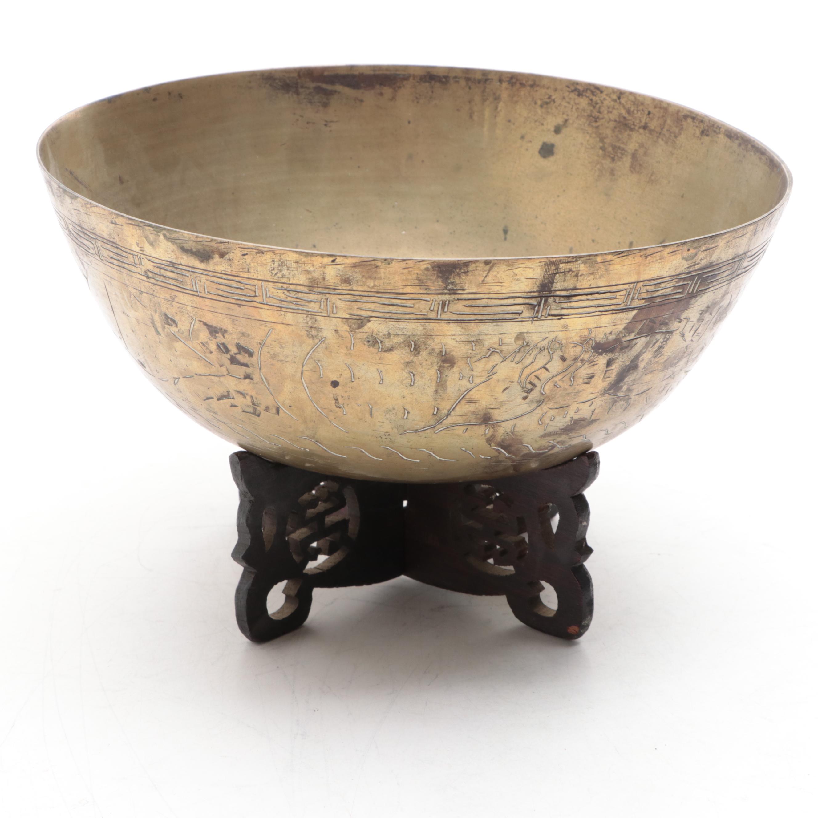 Chinese Brass Bowl on Wooden Stand with Temple Bells on Rope Hanger