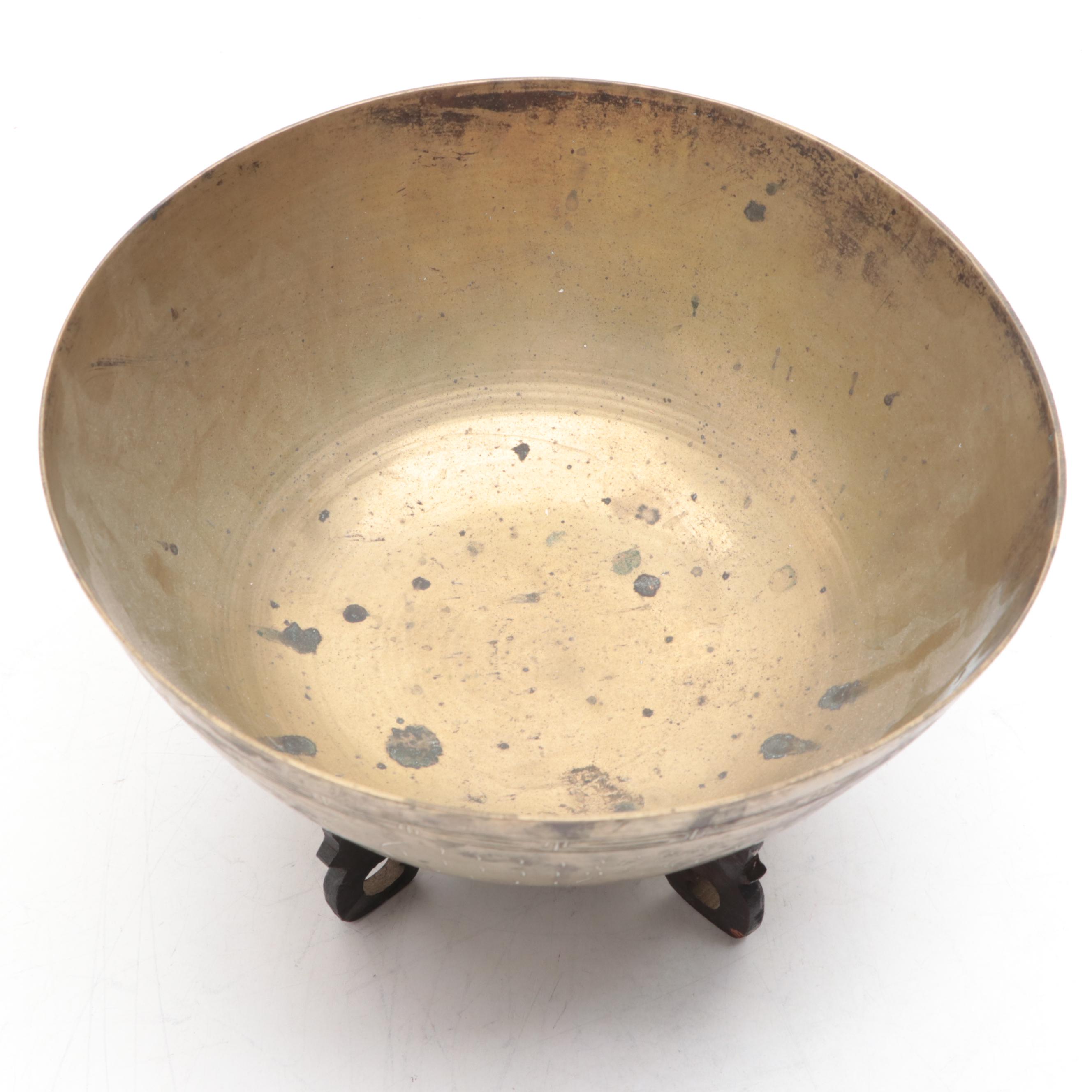 Chinese Brass Bowl on Wooden Stand with Temple Bells on Rope Hanger