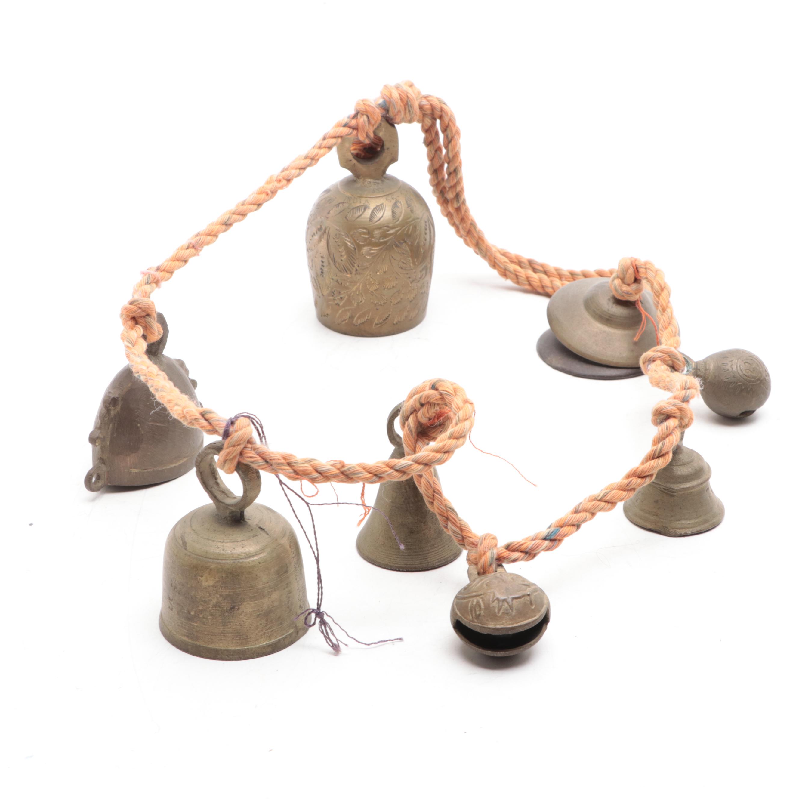 Chinese Brass Bowl on Wooden Stand with Temple Bells on Rope Hanger