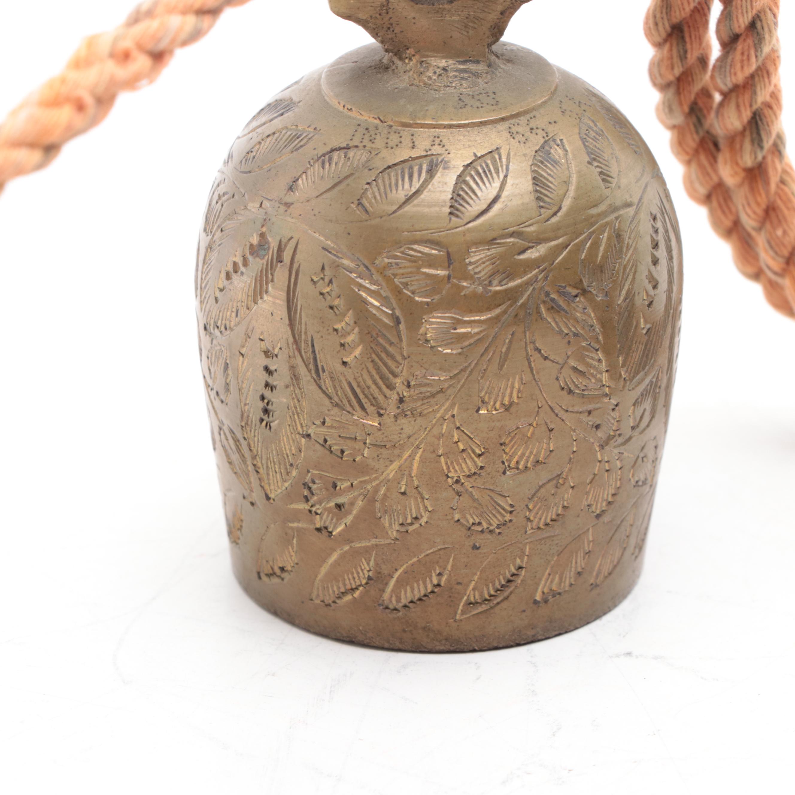 Chinese Brass Bowl on Wooden Stand with Temple Bells on Rope Hanger