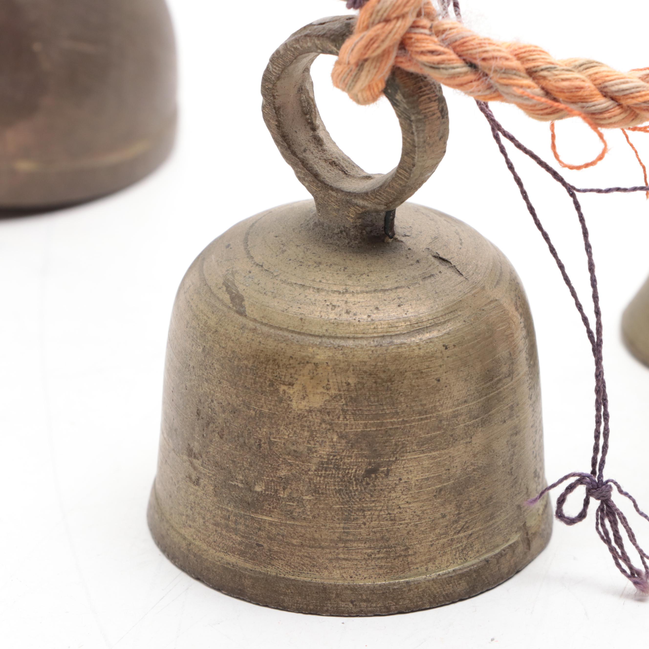 Chinese Brass Bowl on Wooden Stand with Temple Bells on Rope Hanger