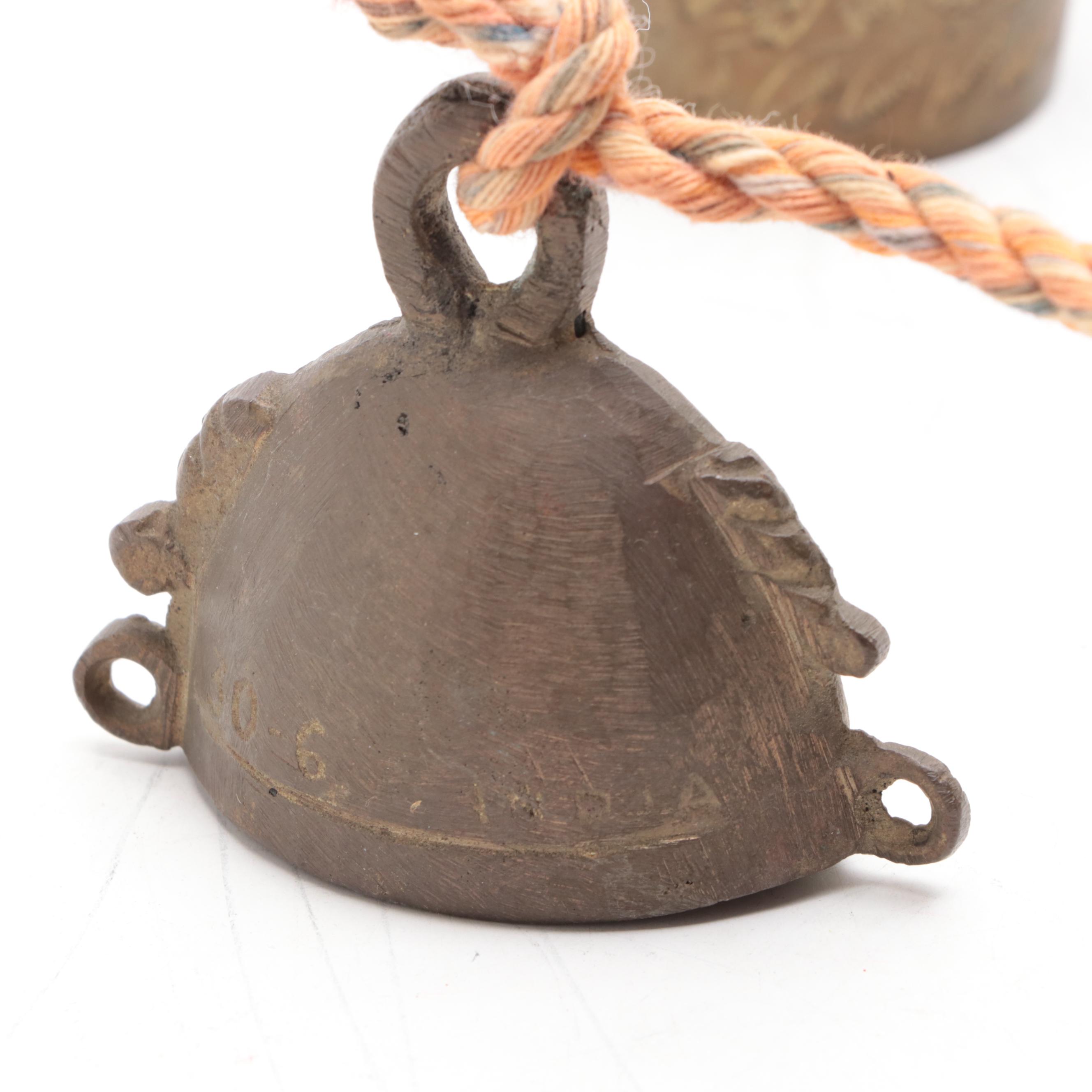 Chinese Brass Bowl on Wooden Stand with Temple Bells on Rope Hanger