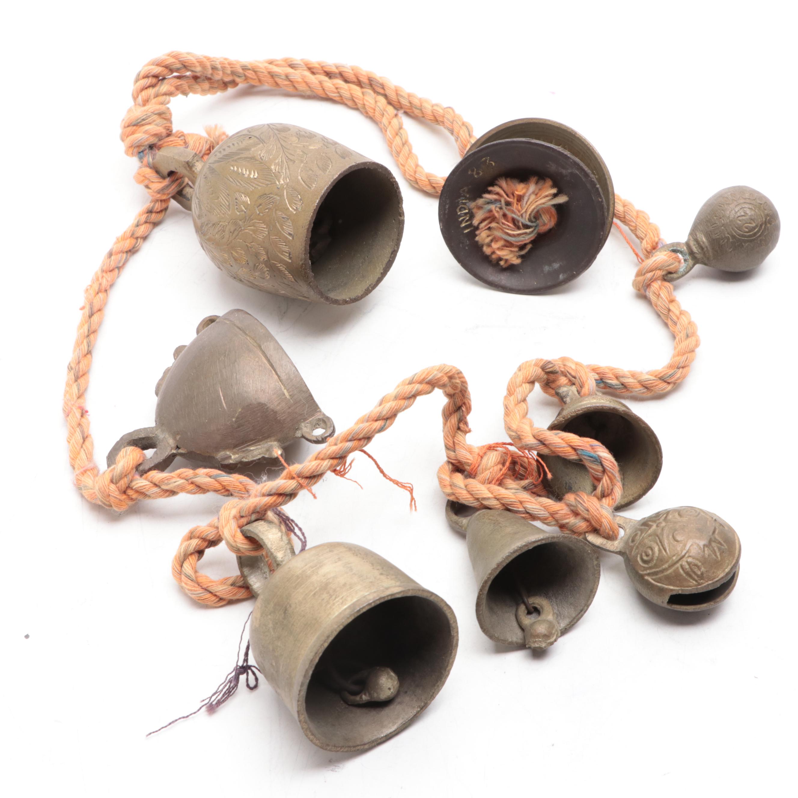 Chinese Brass Bowl on Wooden Stand with Temple Bells on Rope Hanger