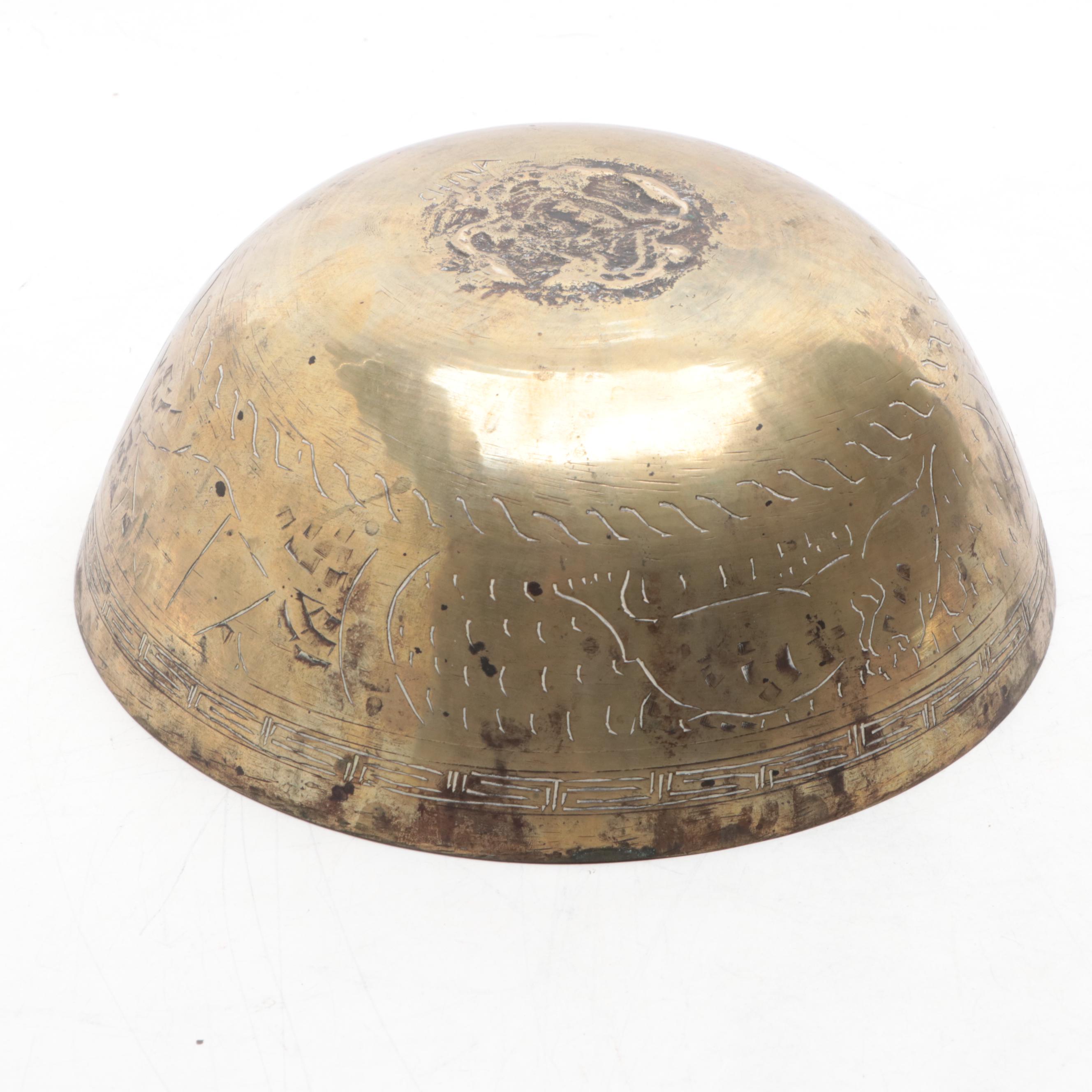 Chinese Brass Bowl on Wooden Stand with Temple Bells on Rope Hanger