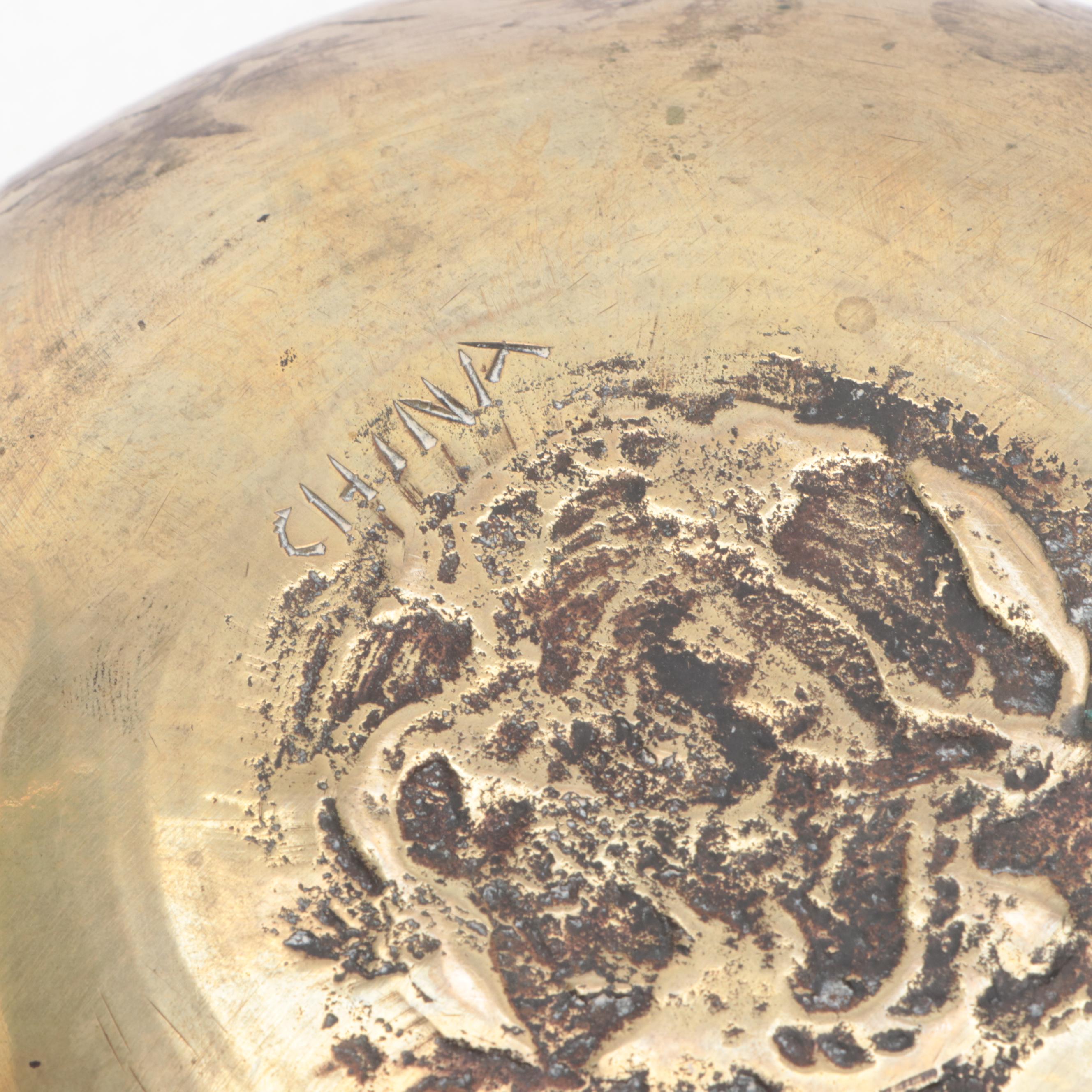 Chinese Brass Bowl on Wooden Stand with Temple Bells on Rope Hanger