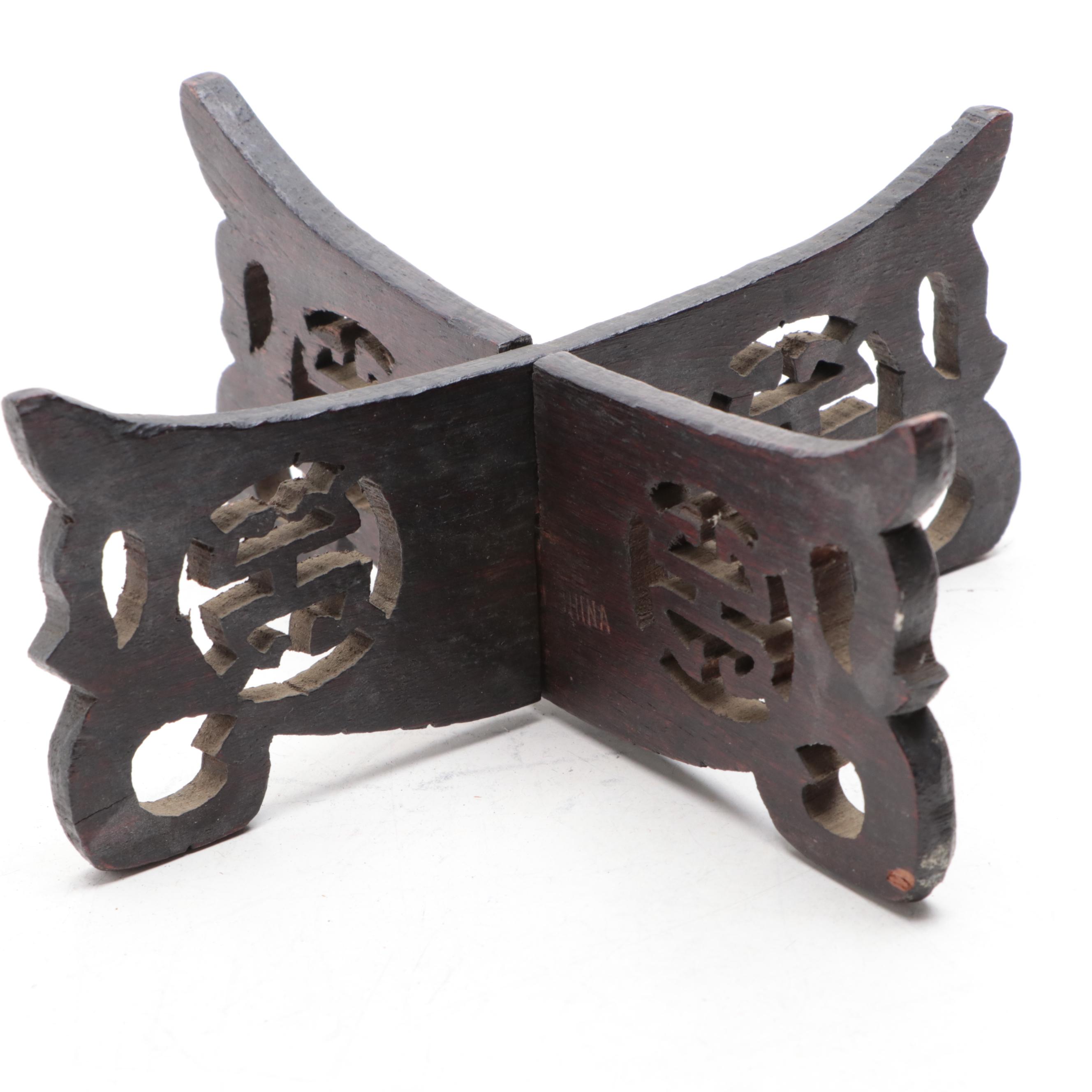 Chinese Brass Bowl on Wooden Stand with Temple Bells on Rope Hanger