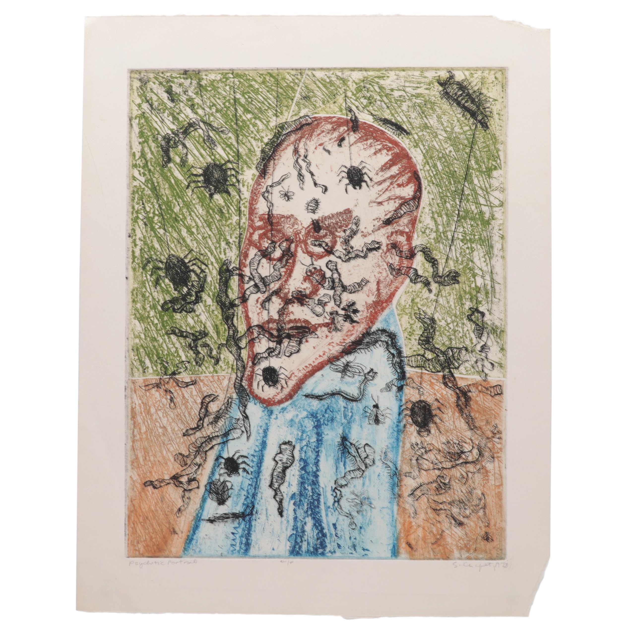 Sidney Chafetz Color Etching "Psychotic Portrait," 1973