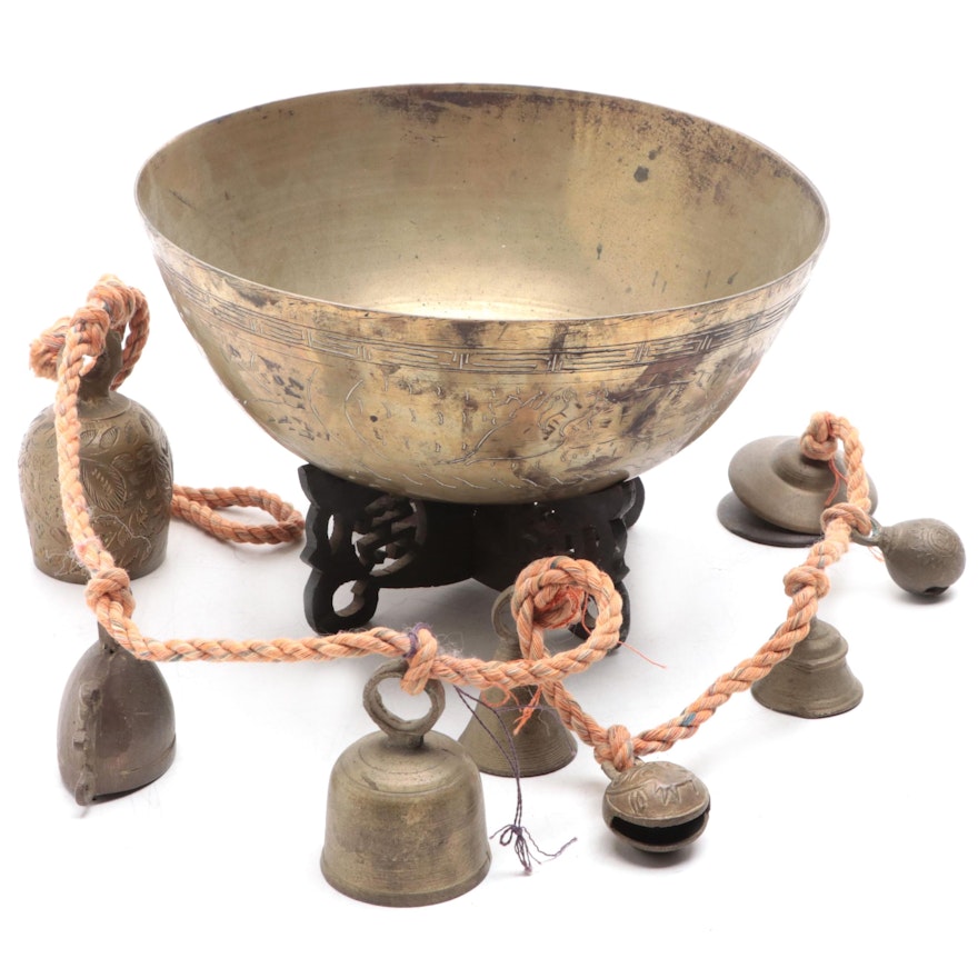 Chinese Brass Bowl on Wooden Stand with Temple Bells on Rope Hanger
