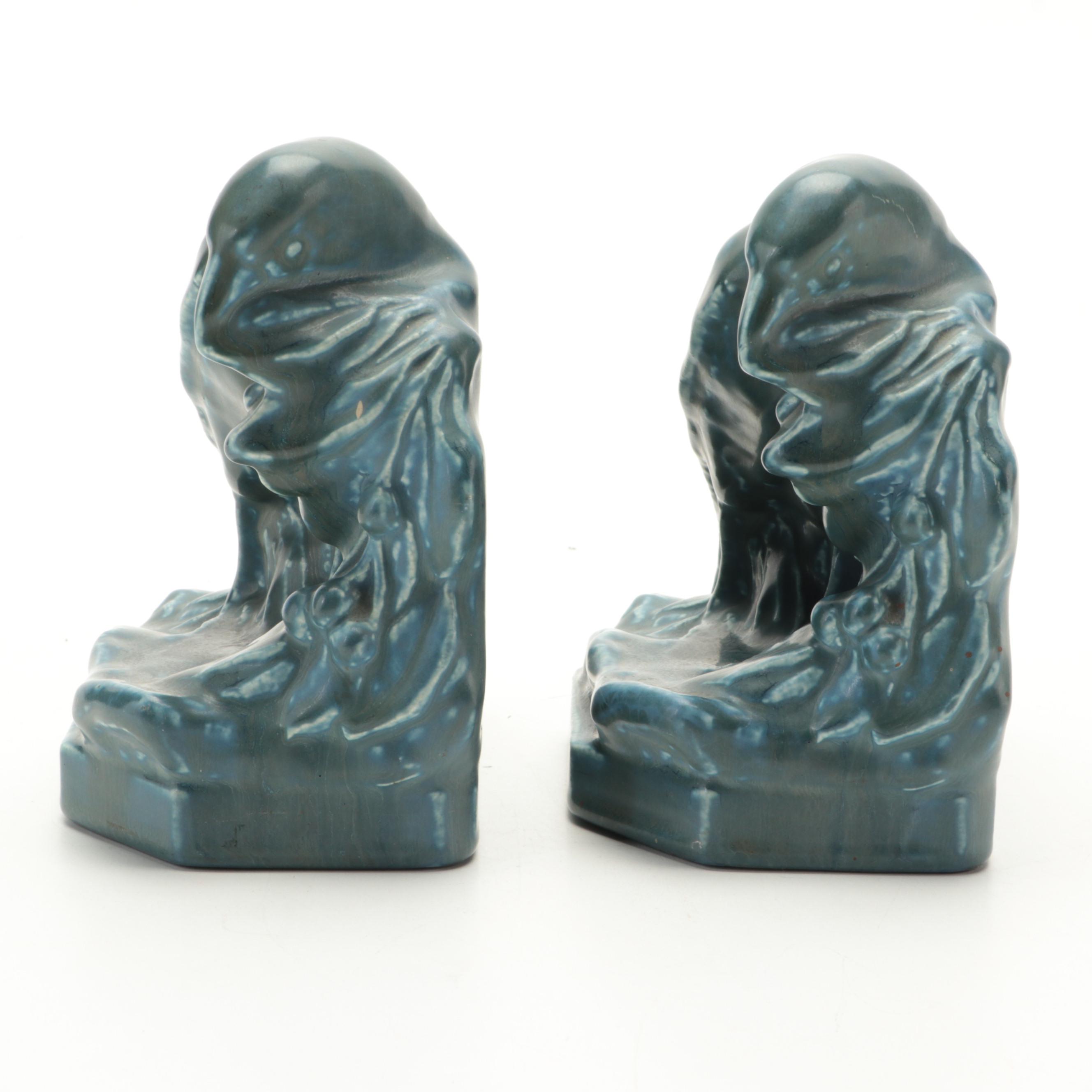 Rookwood Pottery Blue Glaze Ceramic "Rook" Bookends, 1926
