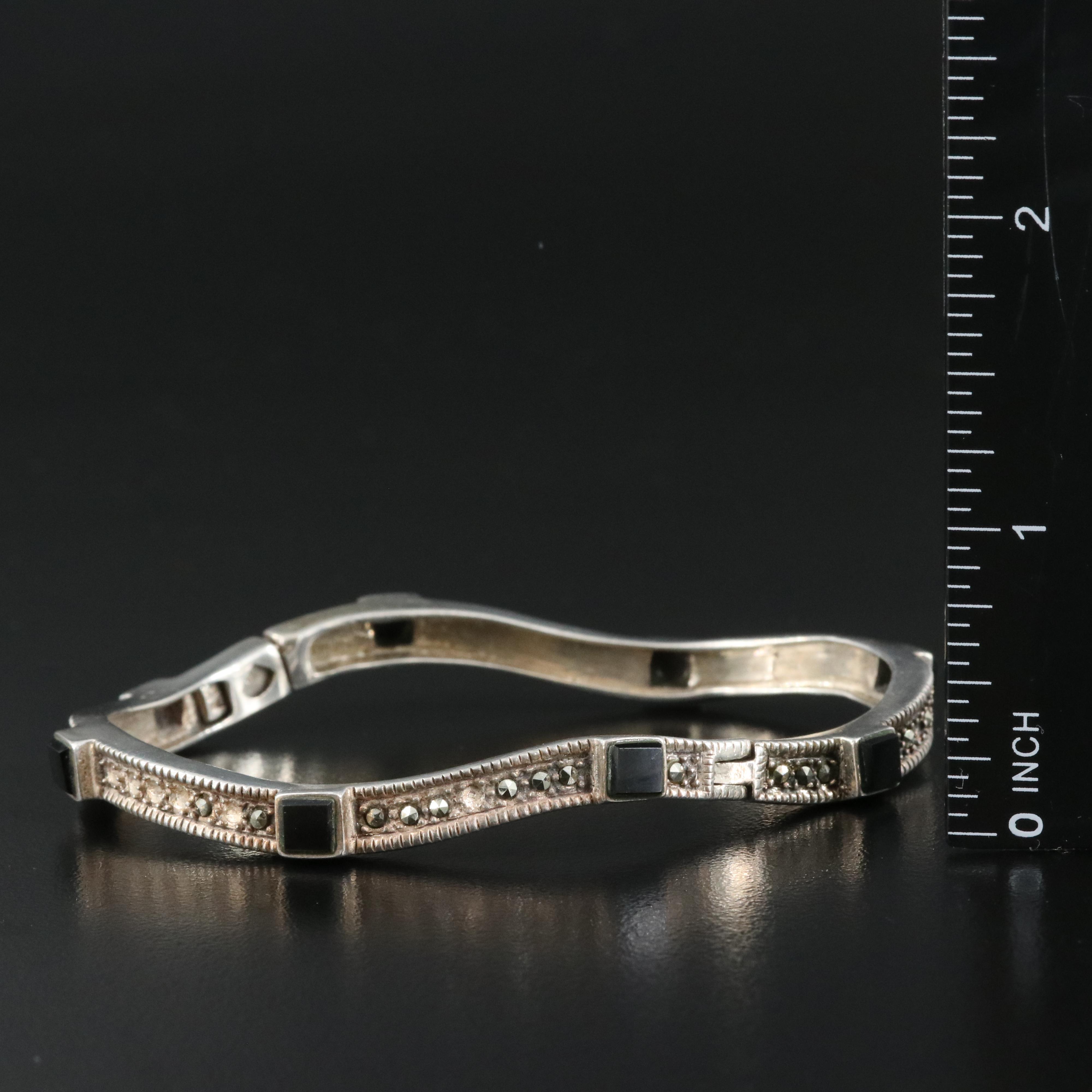 Sterling Black Onyx and Marcasite Hinged Bangle