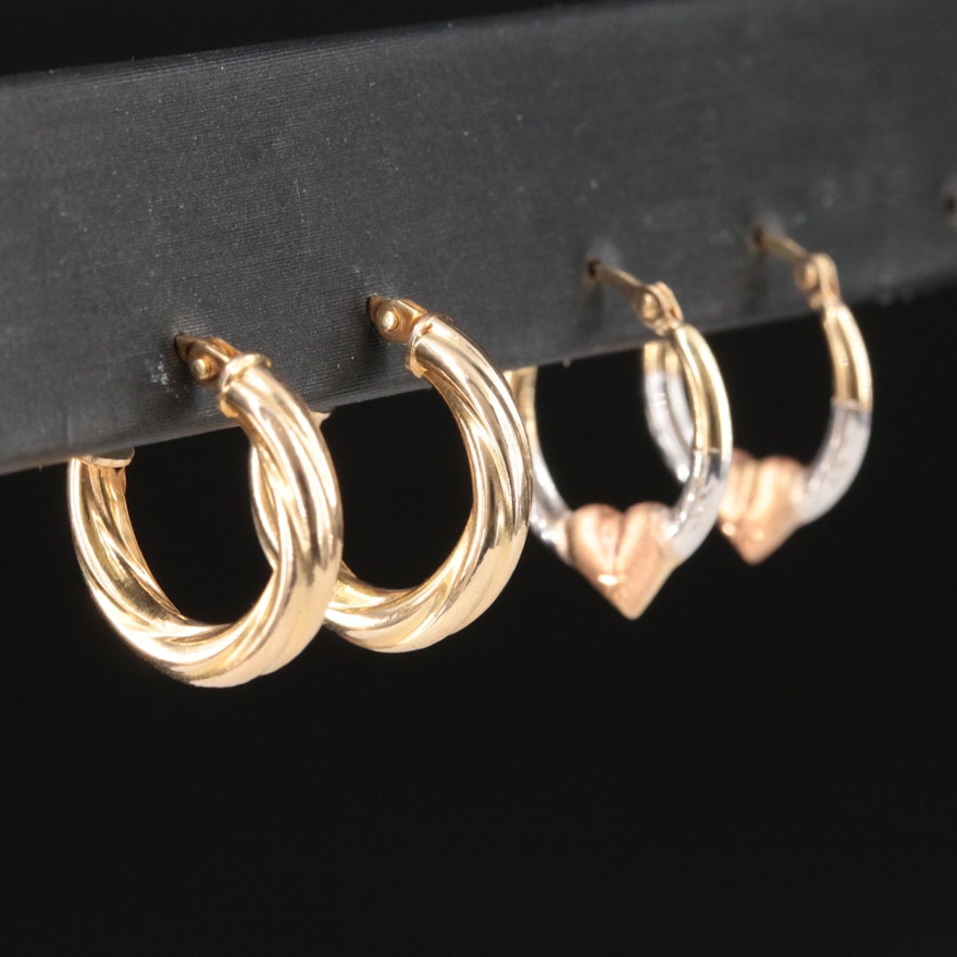 10K Twist and 14K Tri-Color Heart Hoop Earrings