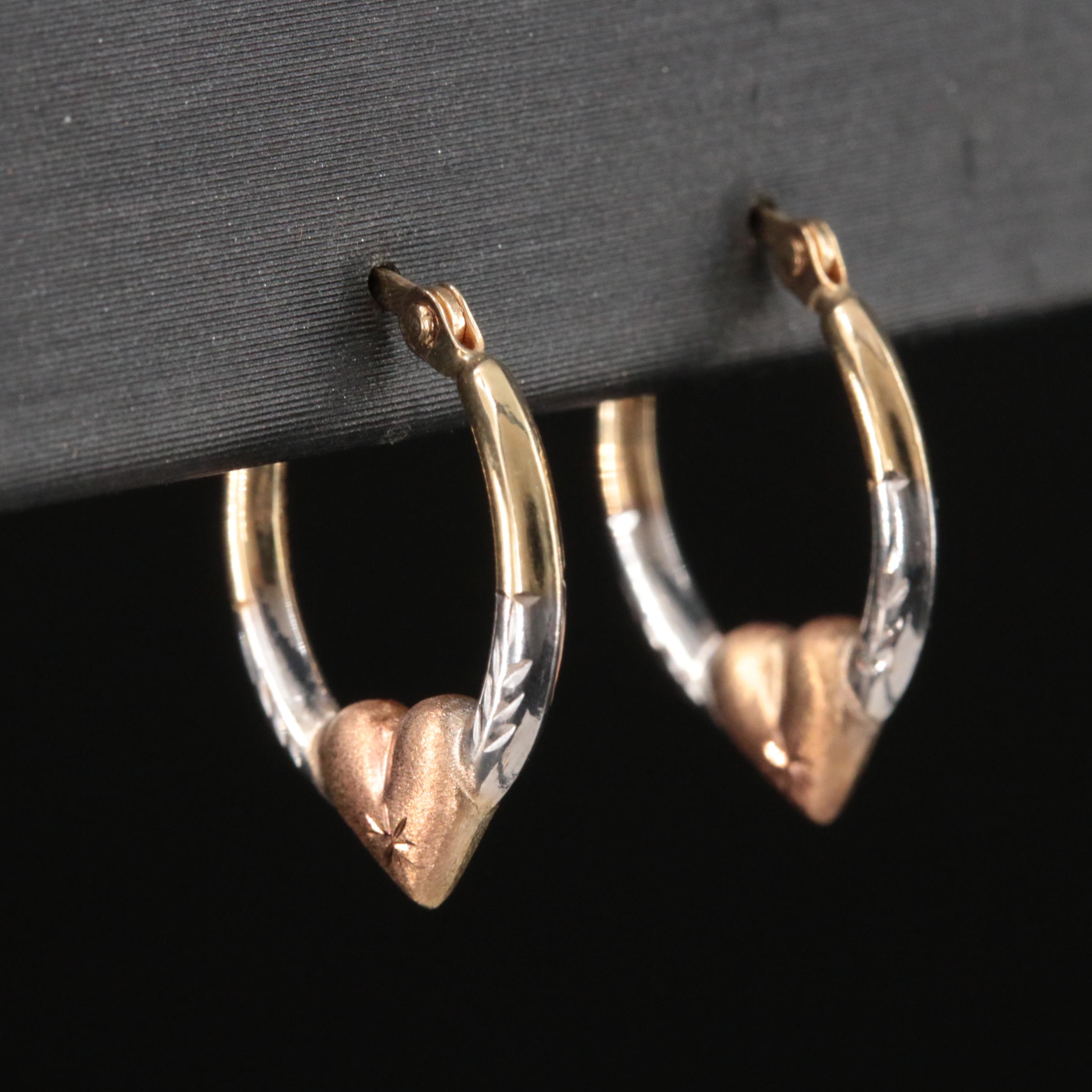 10K Twist and 14K Tri-Color Heart Hoop Earrings