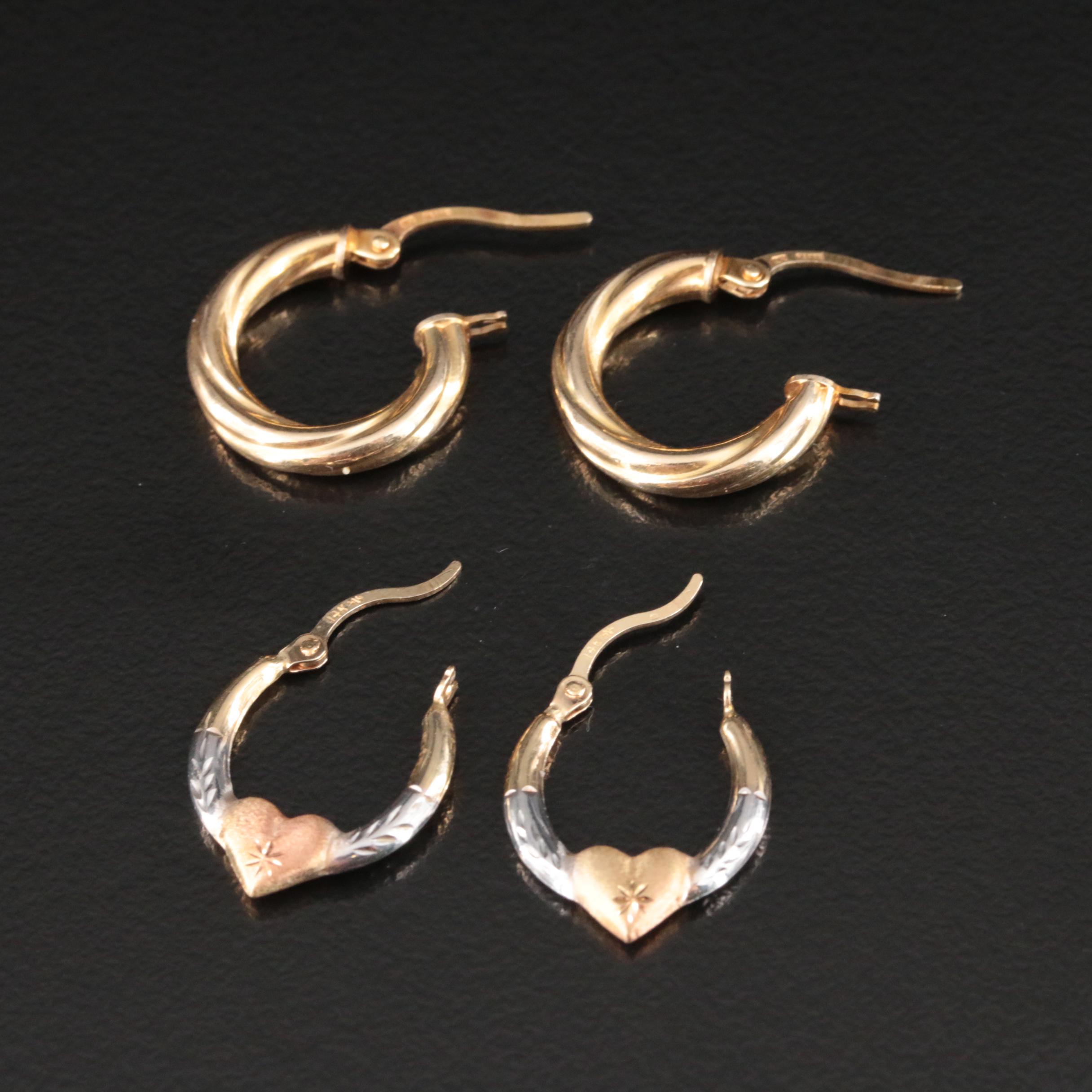 10K Twist and 14K Tri-Color Heart Hoop Earrings