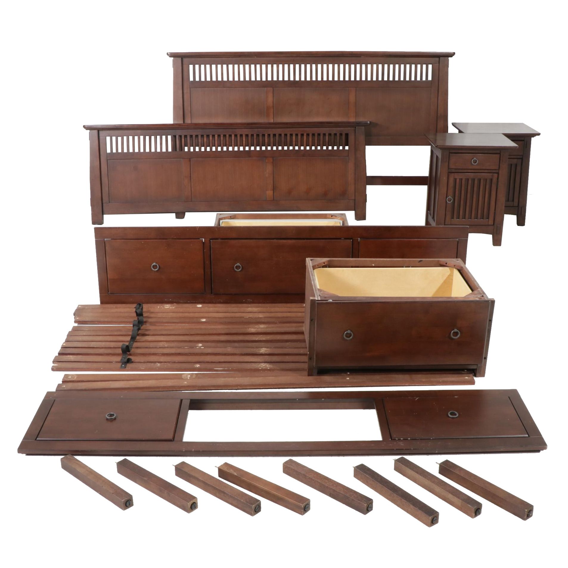 American Signature Mission Style King Size Storage Bed and Nightstands