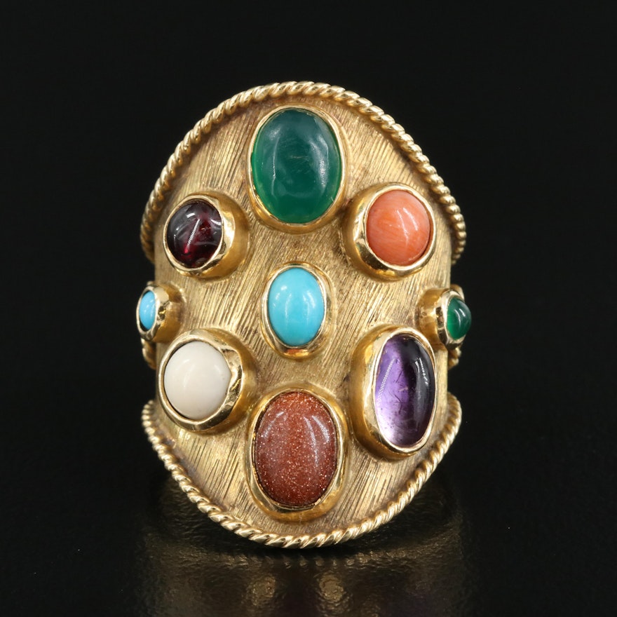 18K Saddle Ring Including Chalcedony, Amethyst, Turquoise and Coral