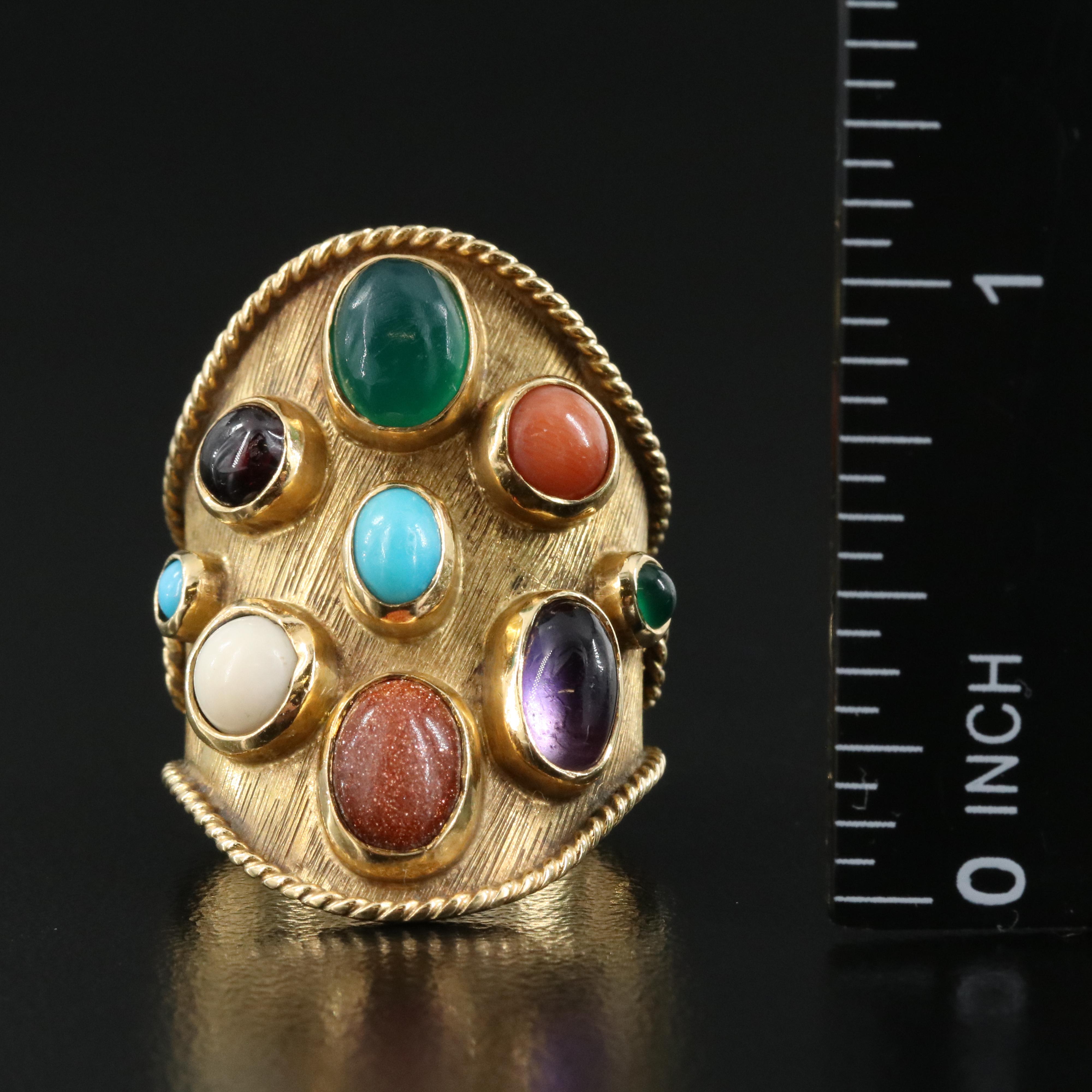 18K Saddle Ring Including Chalcedony, Amethyst, Turquoise and Coral