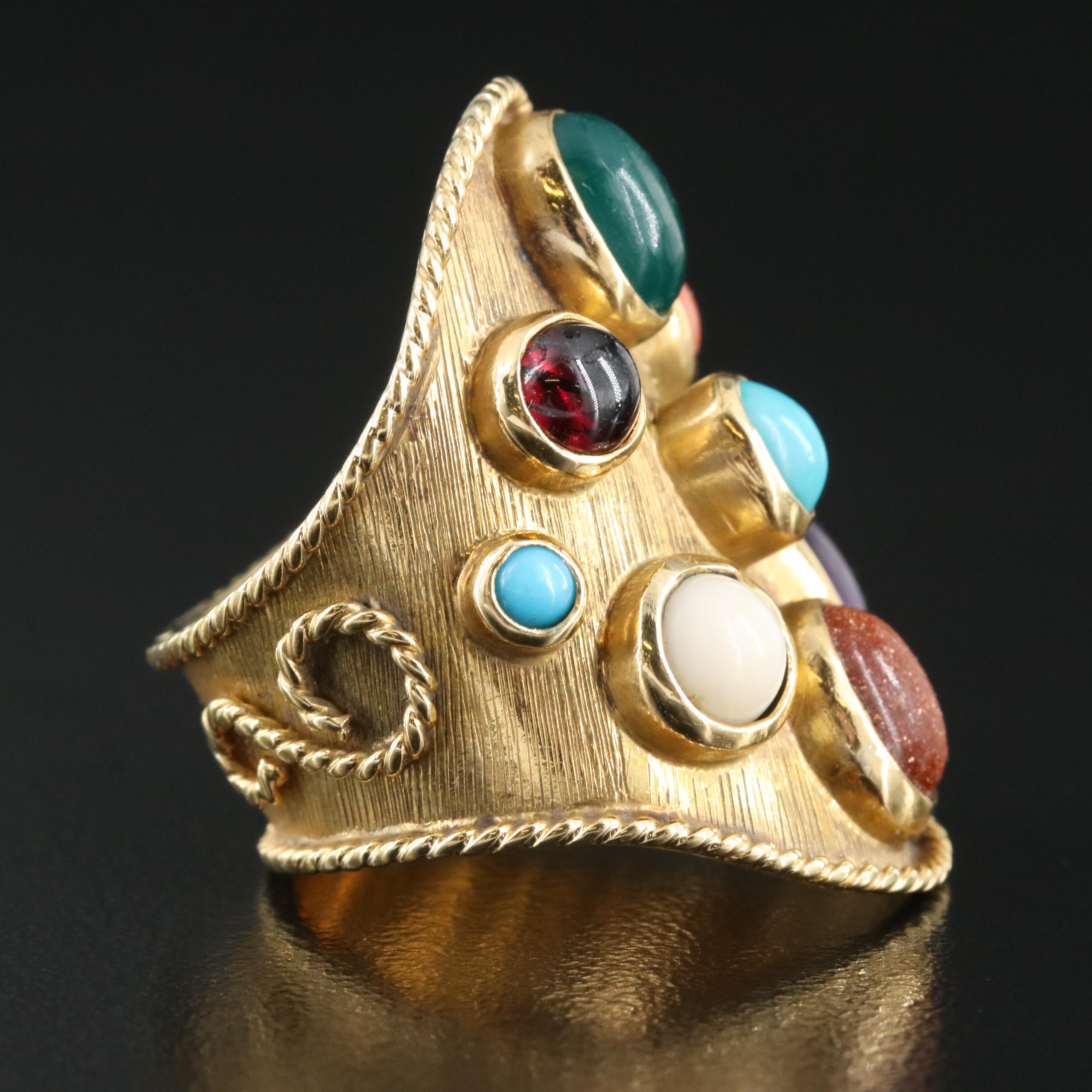 18K Saddle Ring Including Chalcedony, Amethyst, Turquoise and Coral