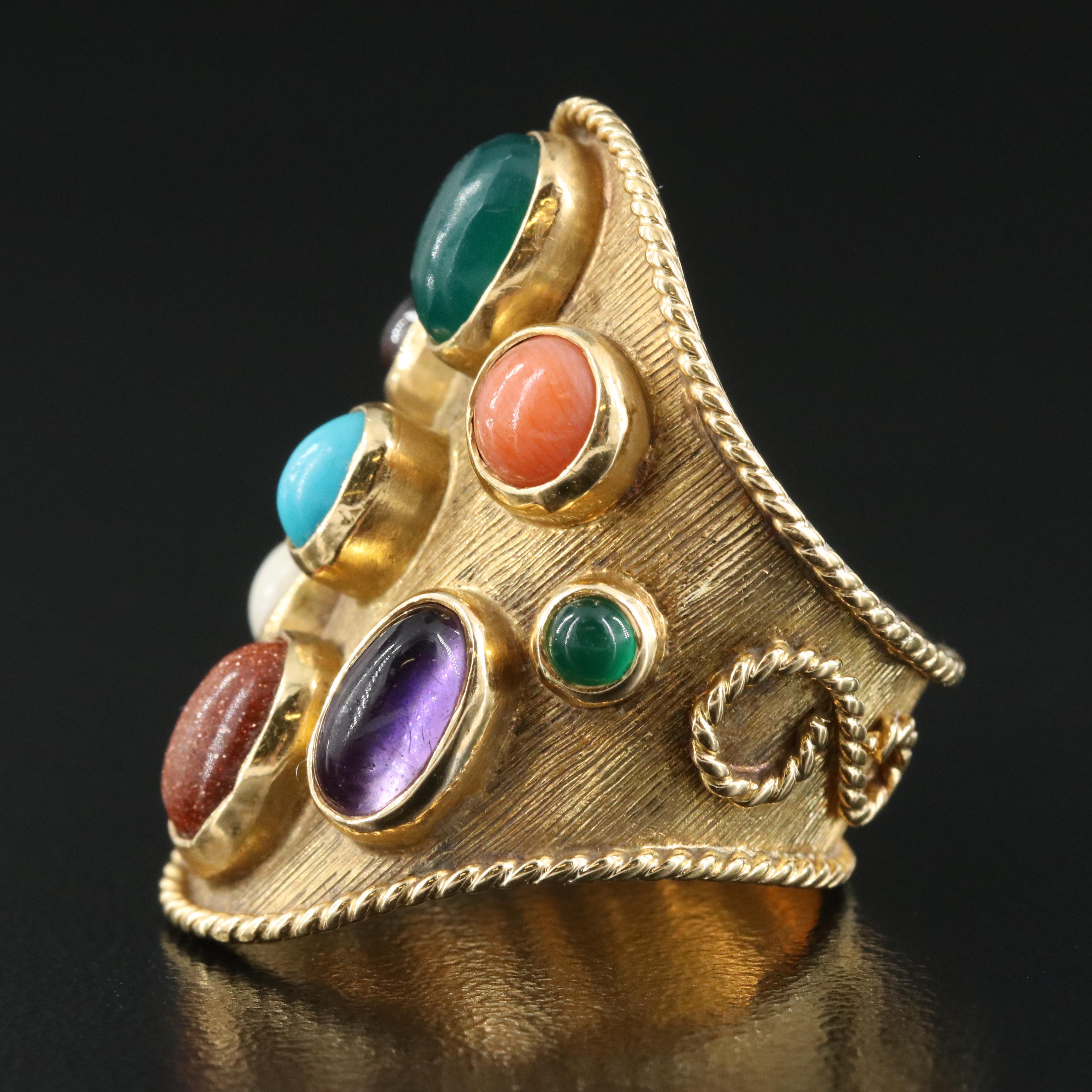18K Saddle Ring Including Chalcedony, Amethyst, Turquoise and Coral