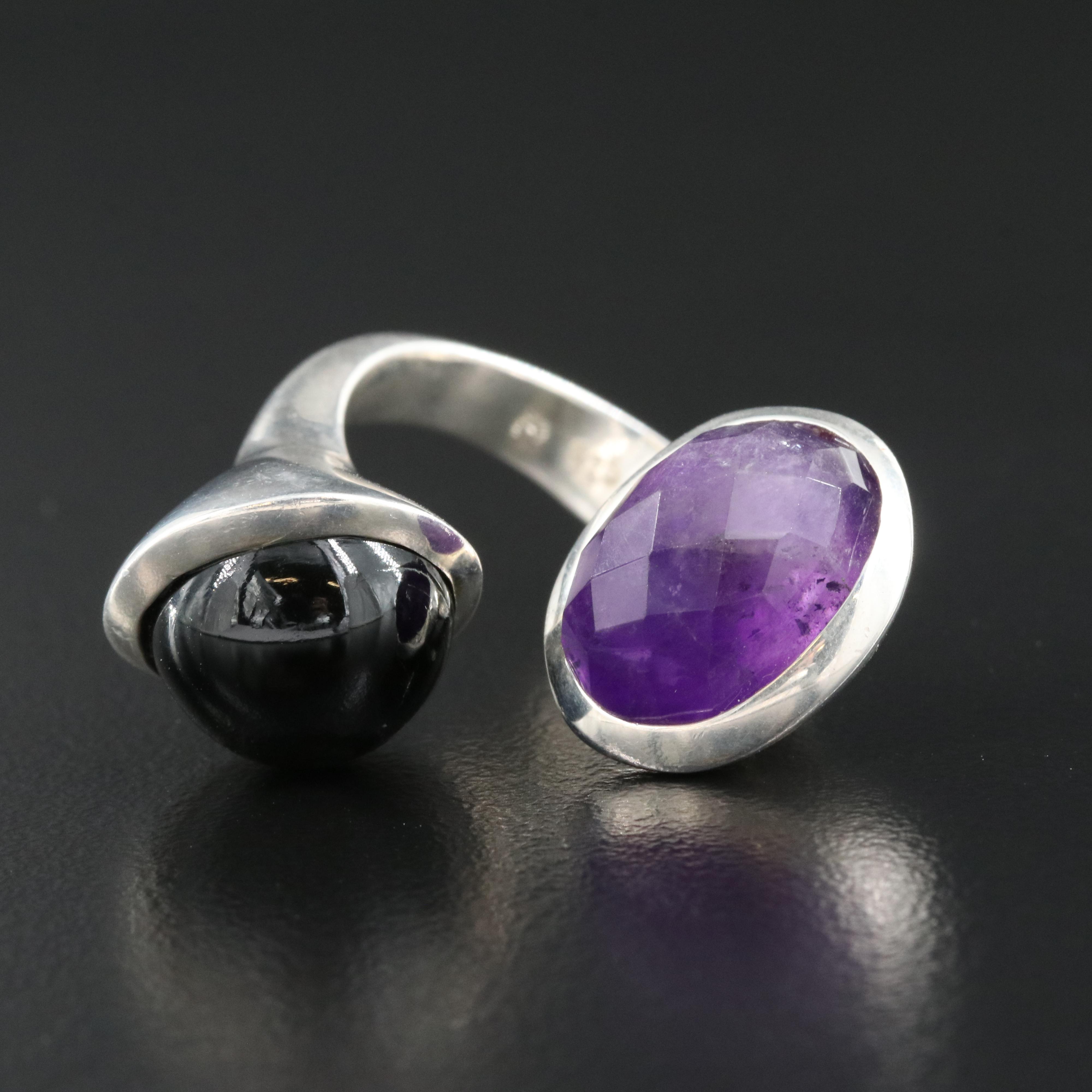 Sterling Amethyst and Star Diopside Open Top Ring