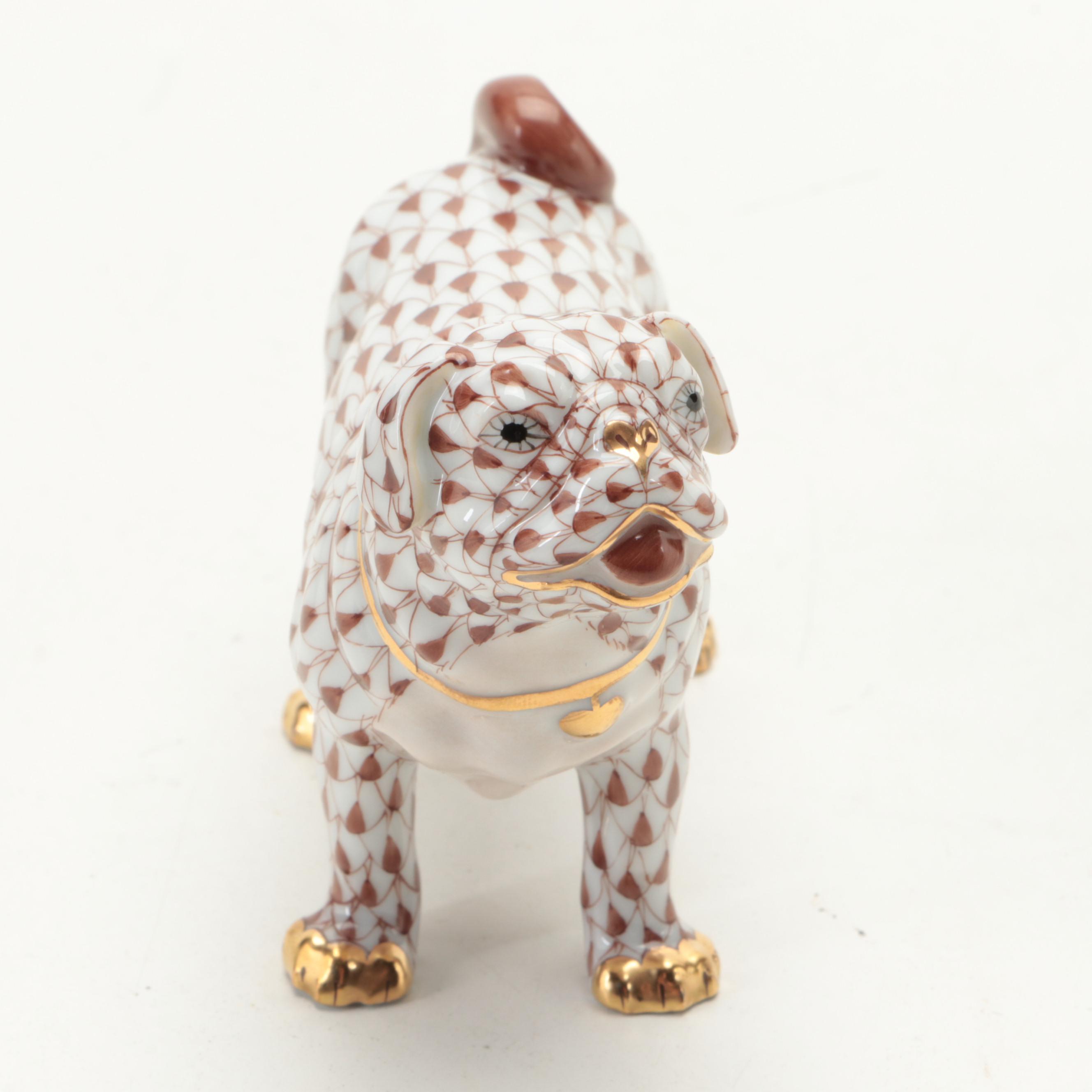Herend "Pug Lola" Chocolate Fishnet with Gold Porcelain  Figurine