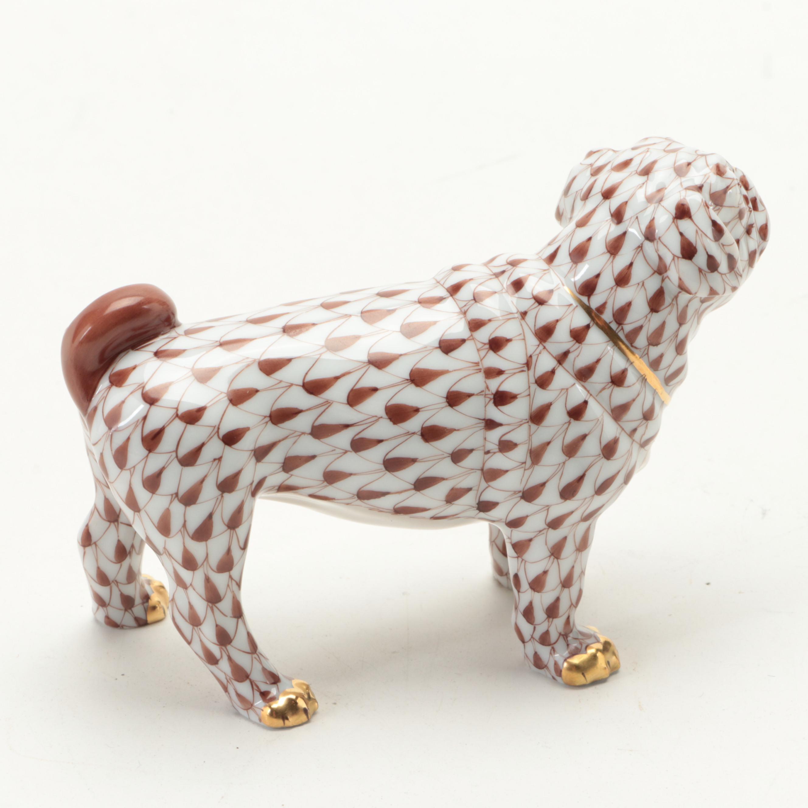 Herend "Pug Lola" Chocolate Fishnet with Gold Porcelain  Figurine