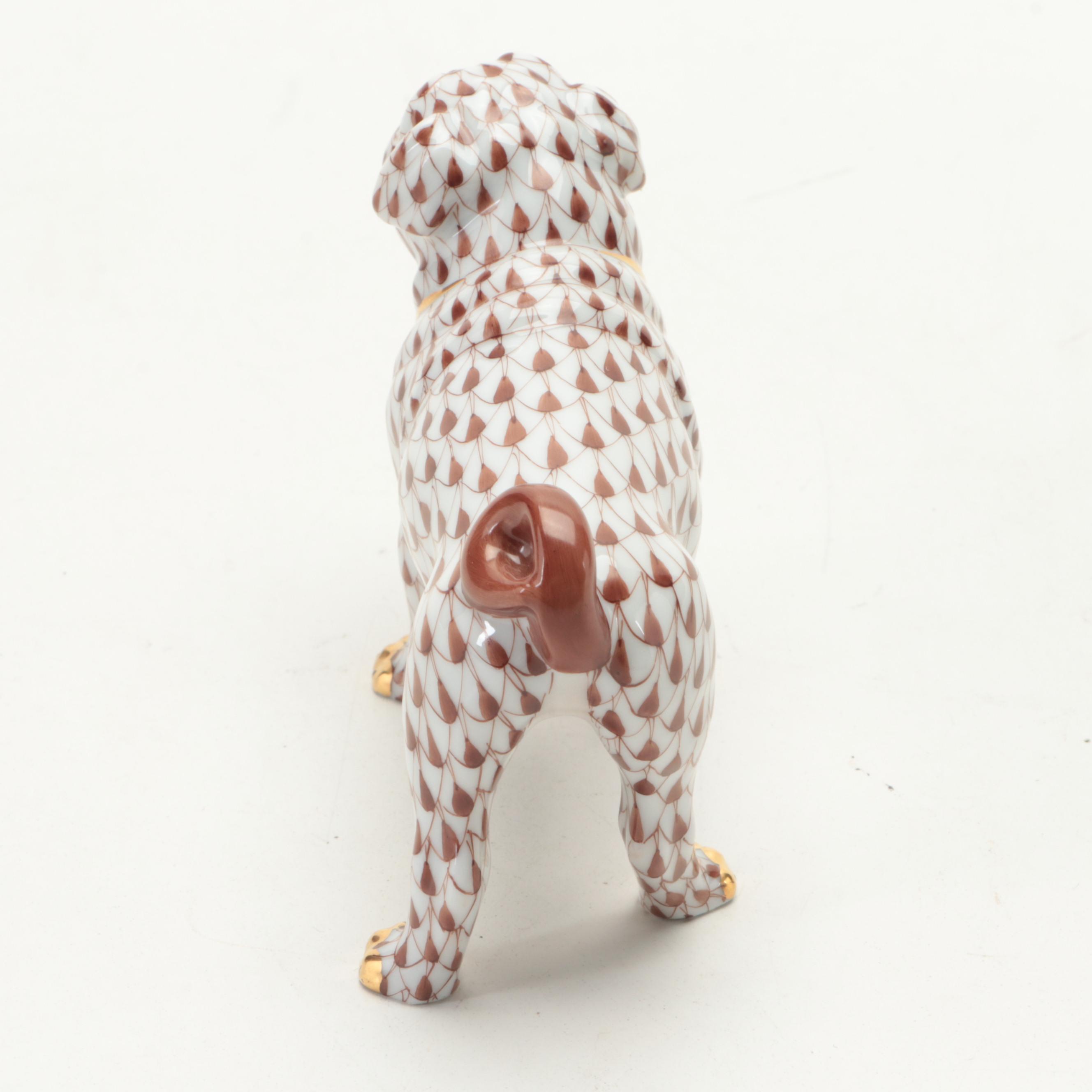 Herend "Pug Lola" Chocolate Fishnet with Gold Porcelain  Figurine
