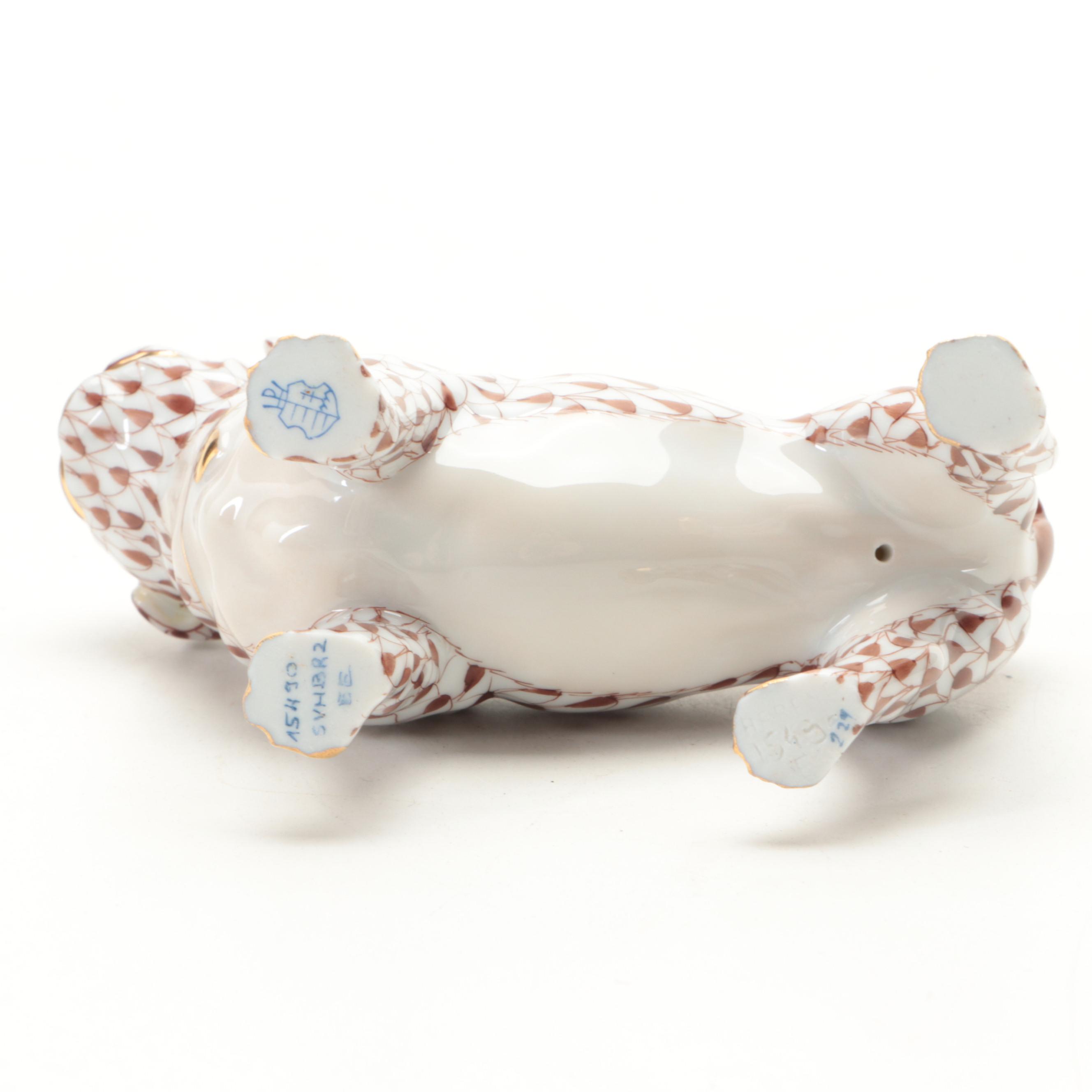 Herend "Pug Lola" Chocolate Fishnet with Gold Porcelain  Figurine