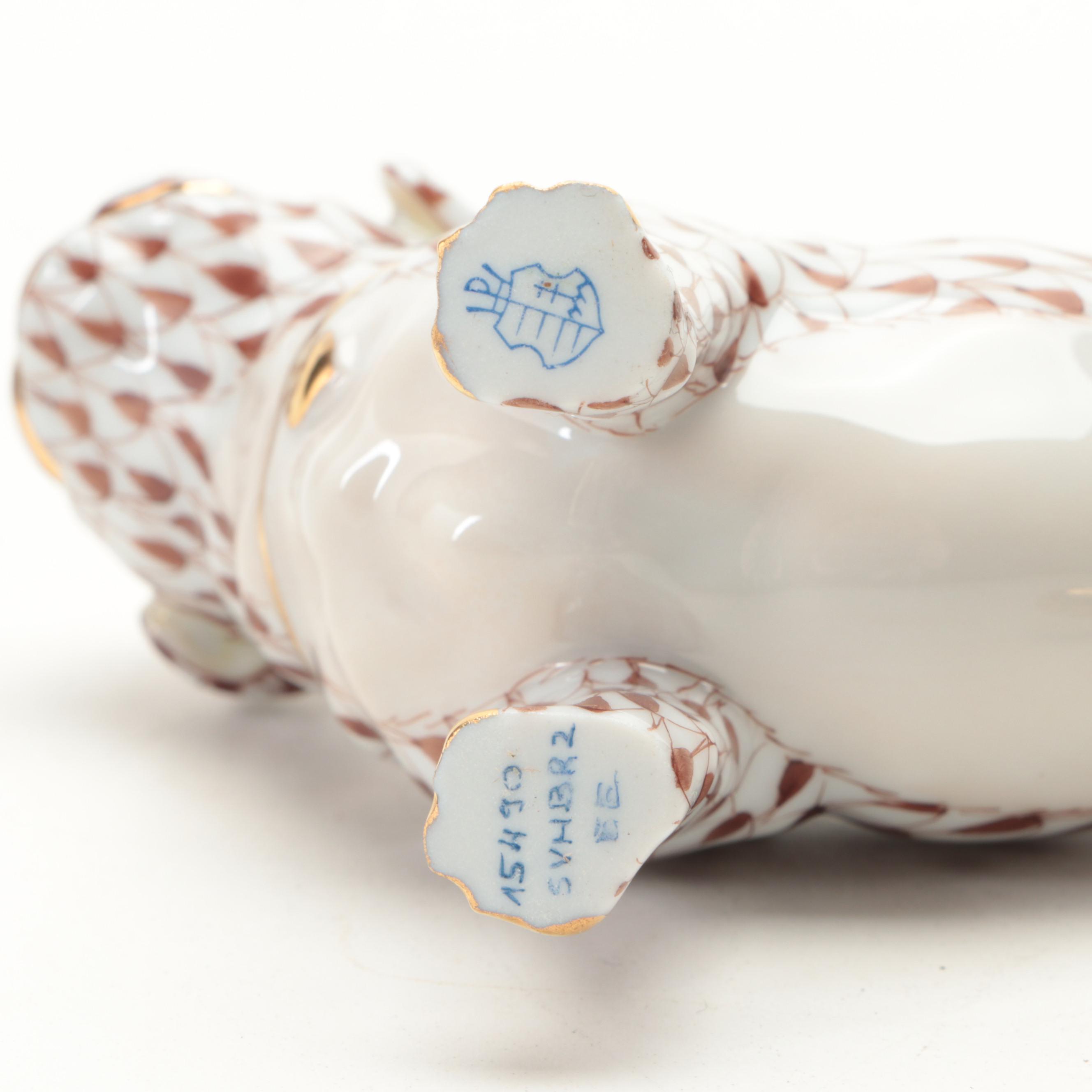 Herend "Pug Lola" Chocolate Fishnet with Gold Porcelain  Figurine