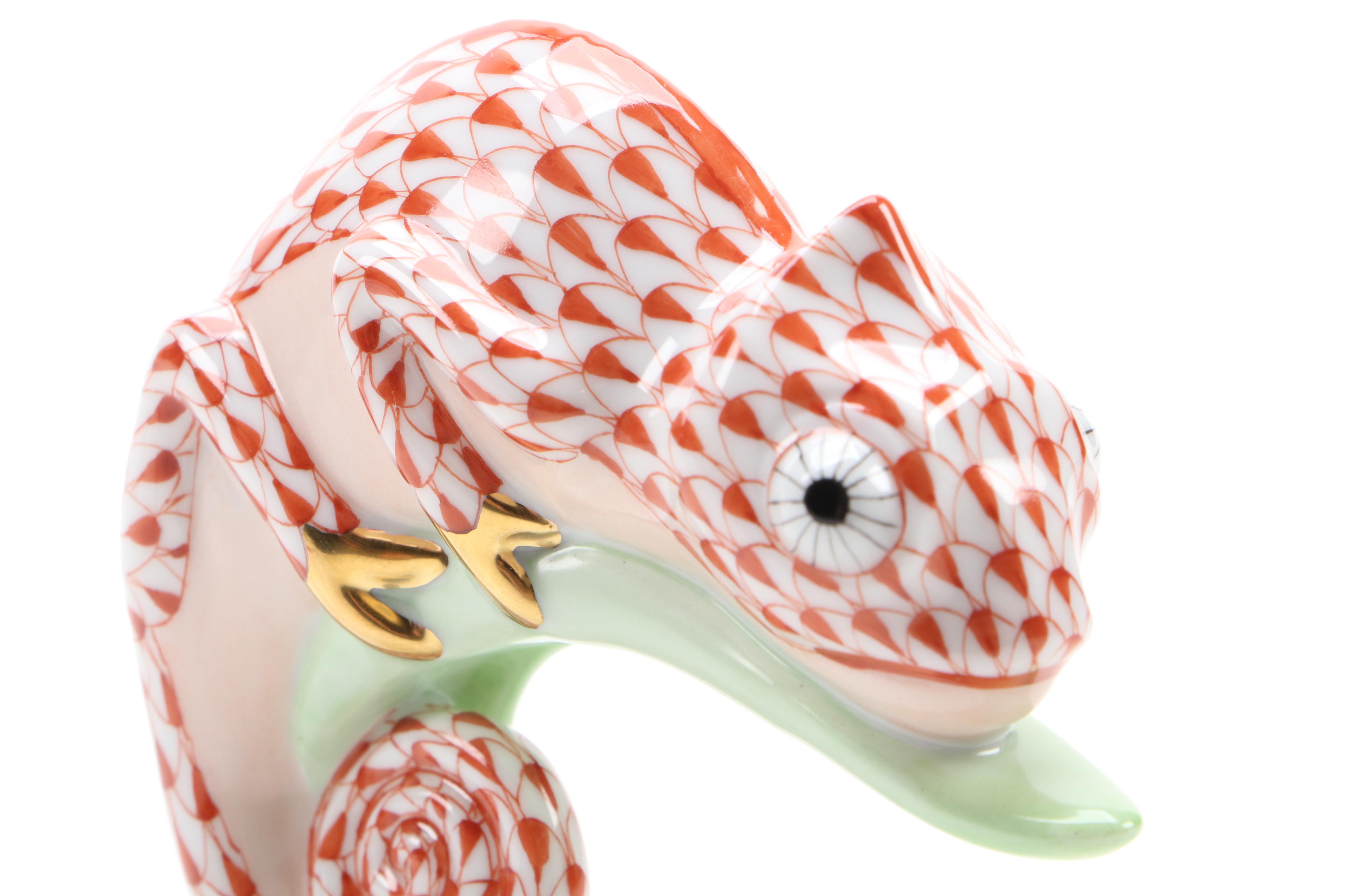Herend Rust Fishnet with Gold "Chameleon" Porcelain Figurine