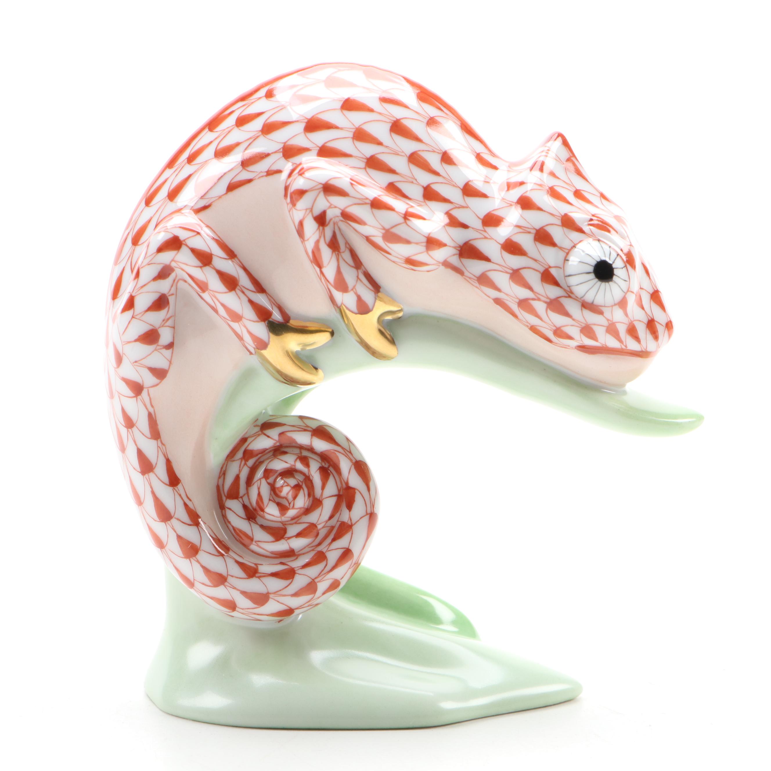 Herend Rust Fishnet with Gold "Chameleon" Porcelain Figurine