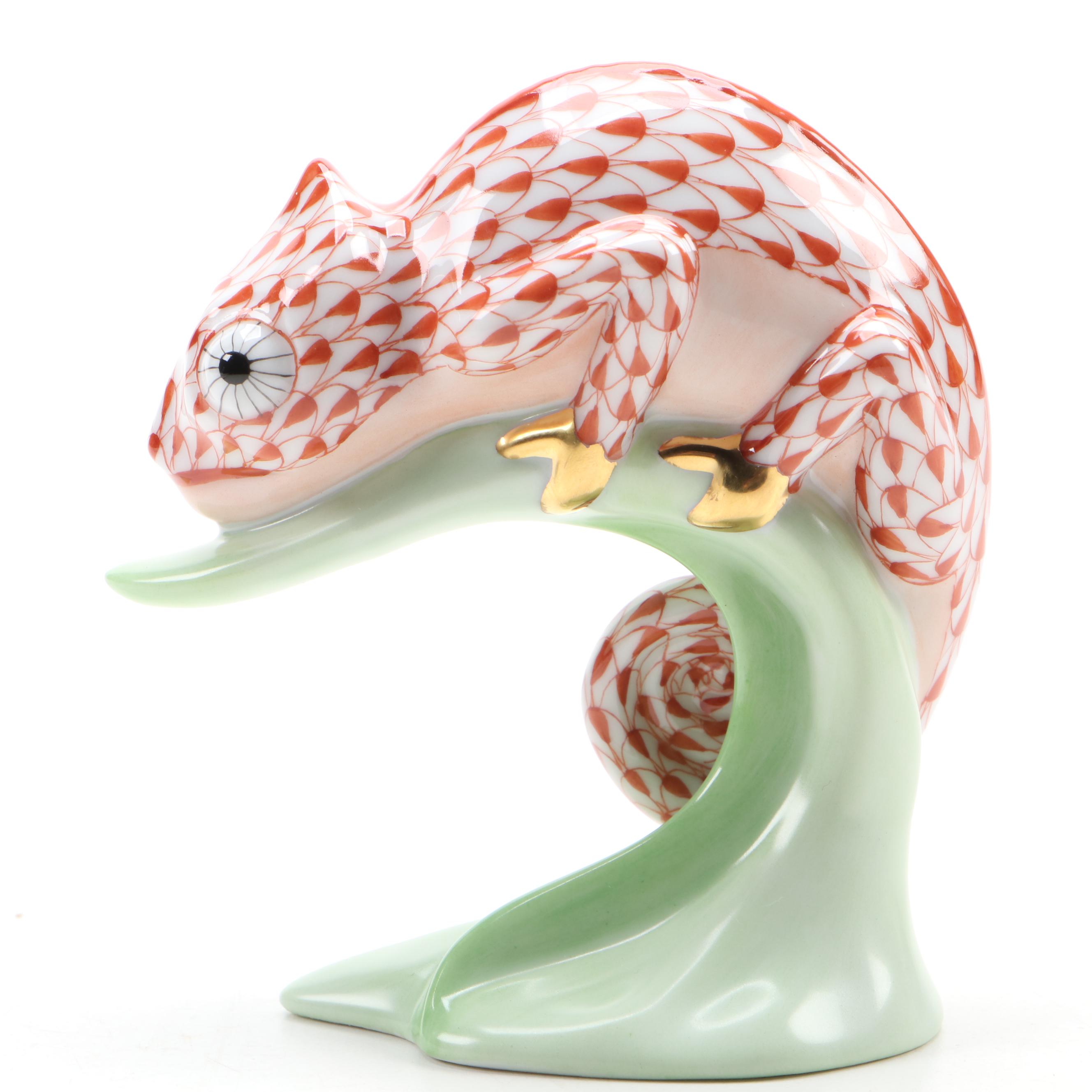 Herend Rust Fishnet with Gold "Chameleon" Porcelain Figurine
