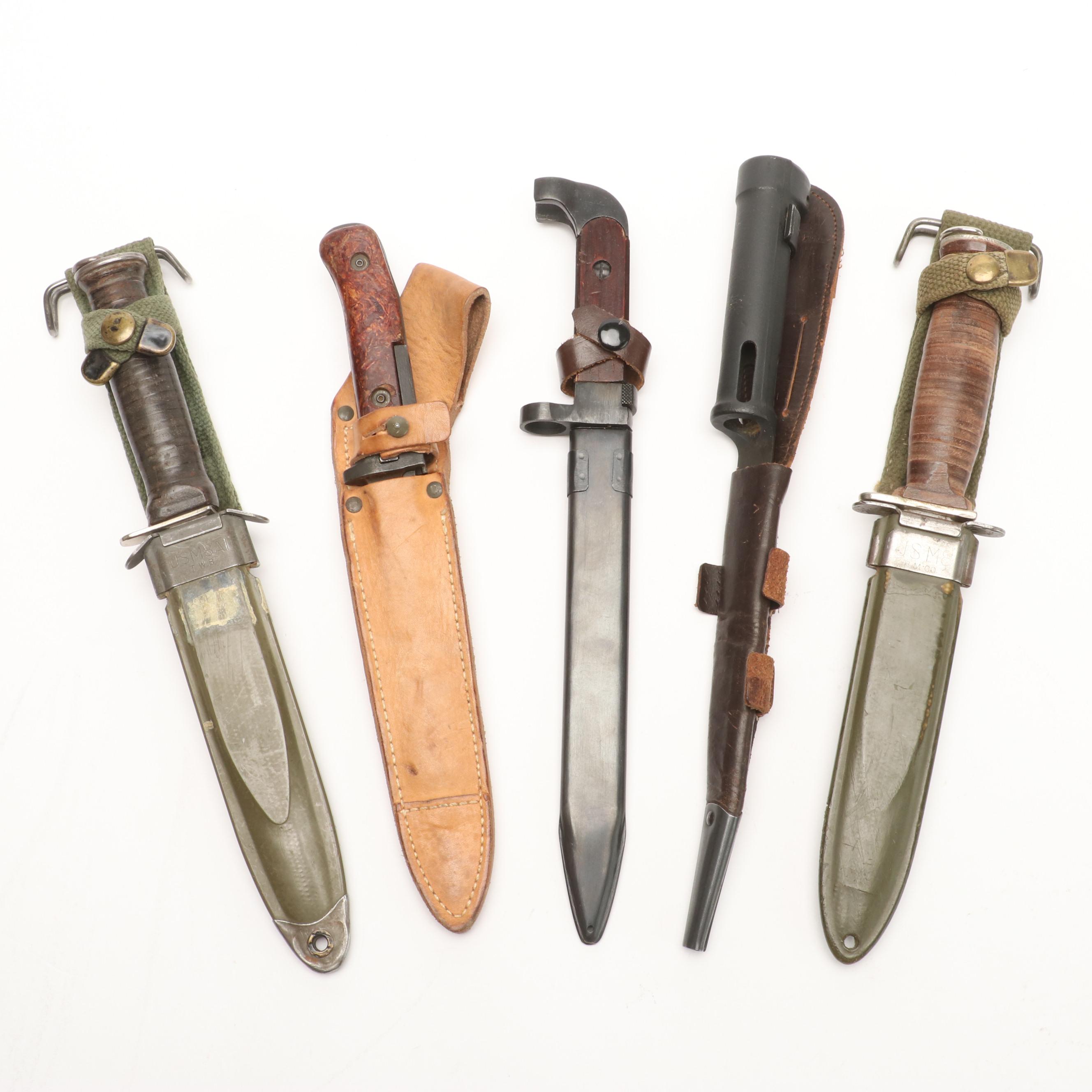 Group of Five Various Bayonets with Sheaths Including Vietnam Era USM8A1