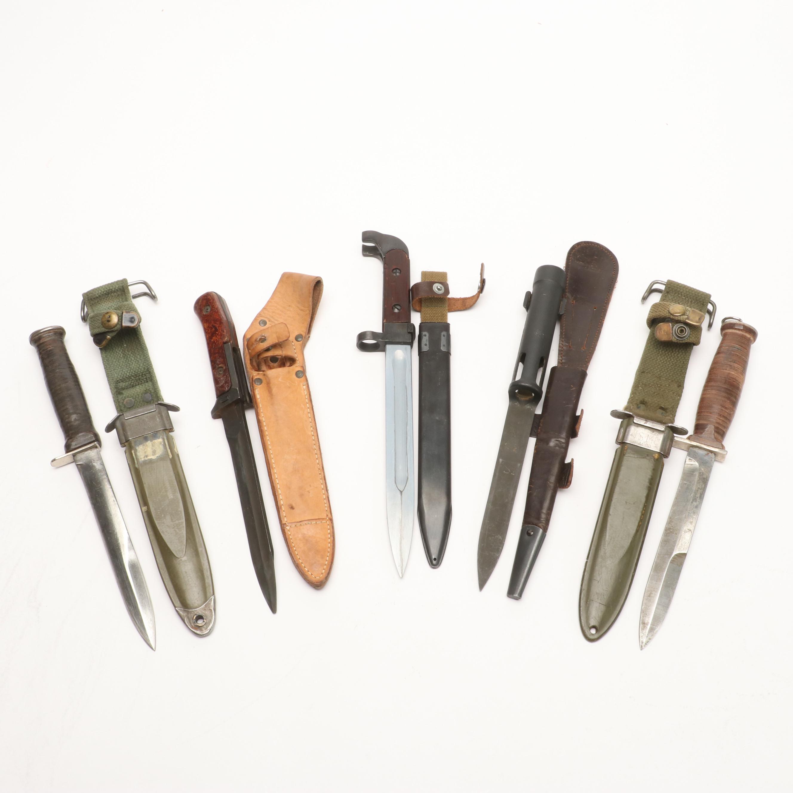 Group of Five Various Bayonets with Sheaths Including Vietnam Era USM8A1