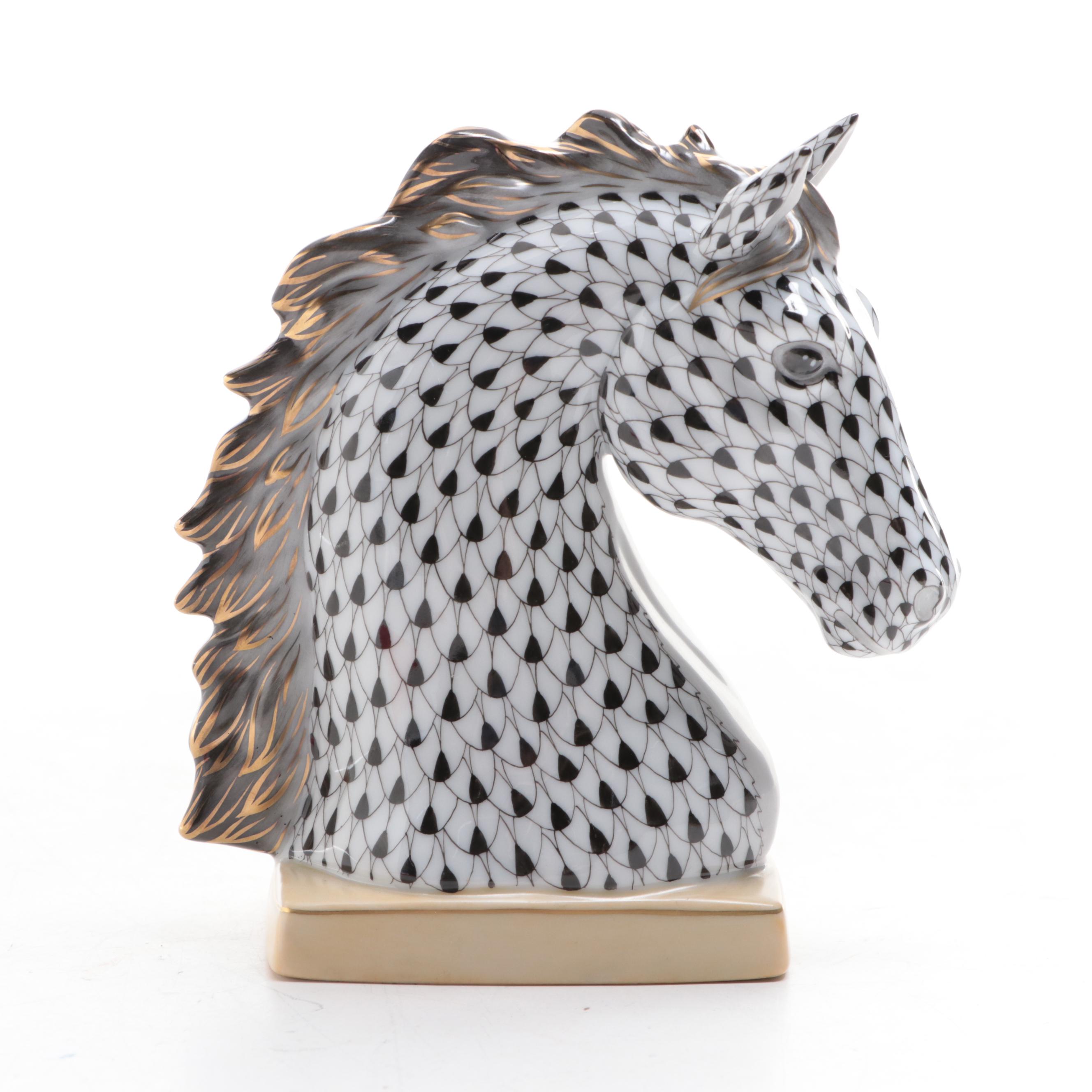 Herend Black Fishnet with Gold "Horse Bust" Porcelain Figurine